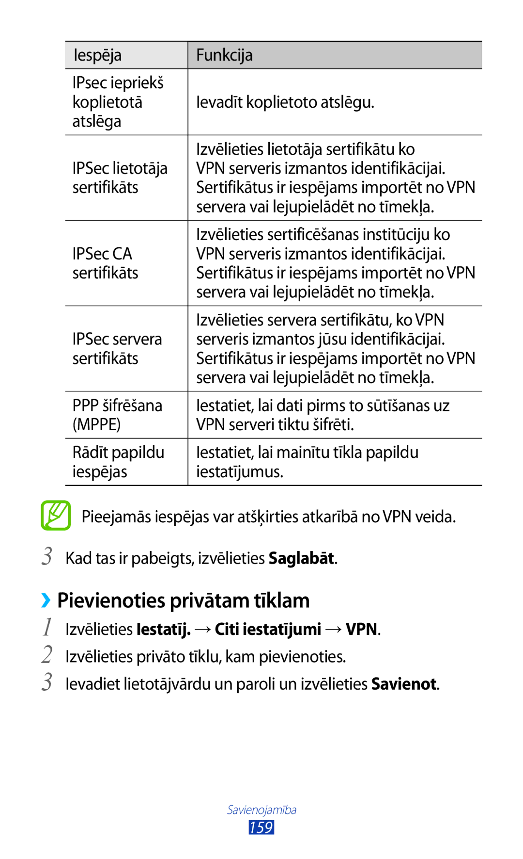 Samsung GT-N7000ZBASEB, GT-N7000RWASEB manual ››Pievienoties privātam tīklam, Izvēlieties Iestatīj. →Citi iestatījumi →VPN 