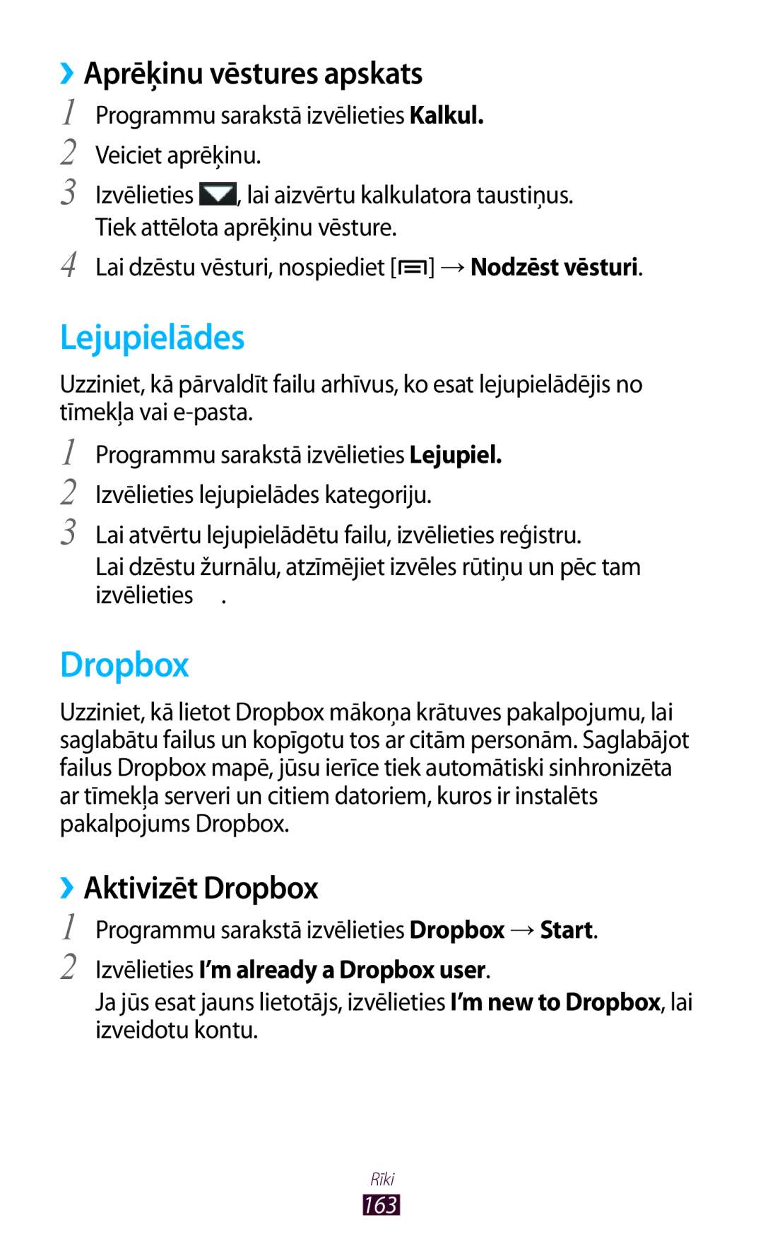 Samsung GT-N7000ZBASEB, GT-N7000RWASEB manual Lejupielādes, ››Aprēķinu vēstures apskats, ››Aktivizēt Dropbox 