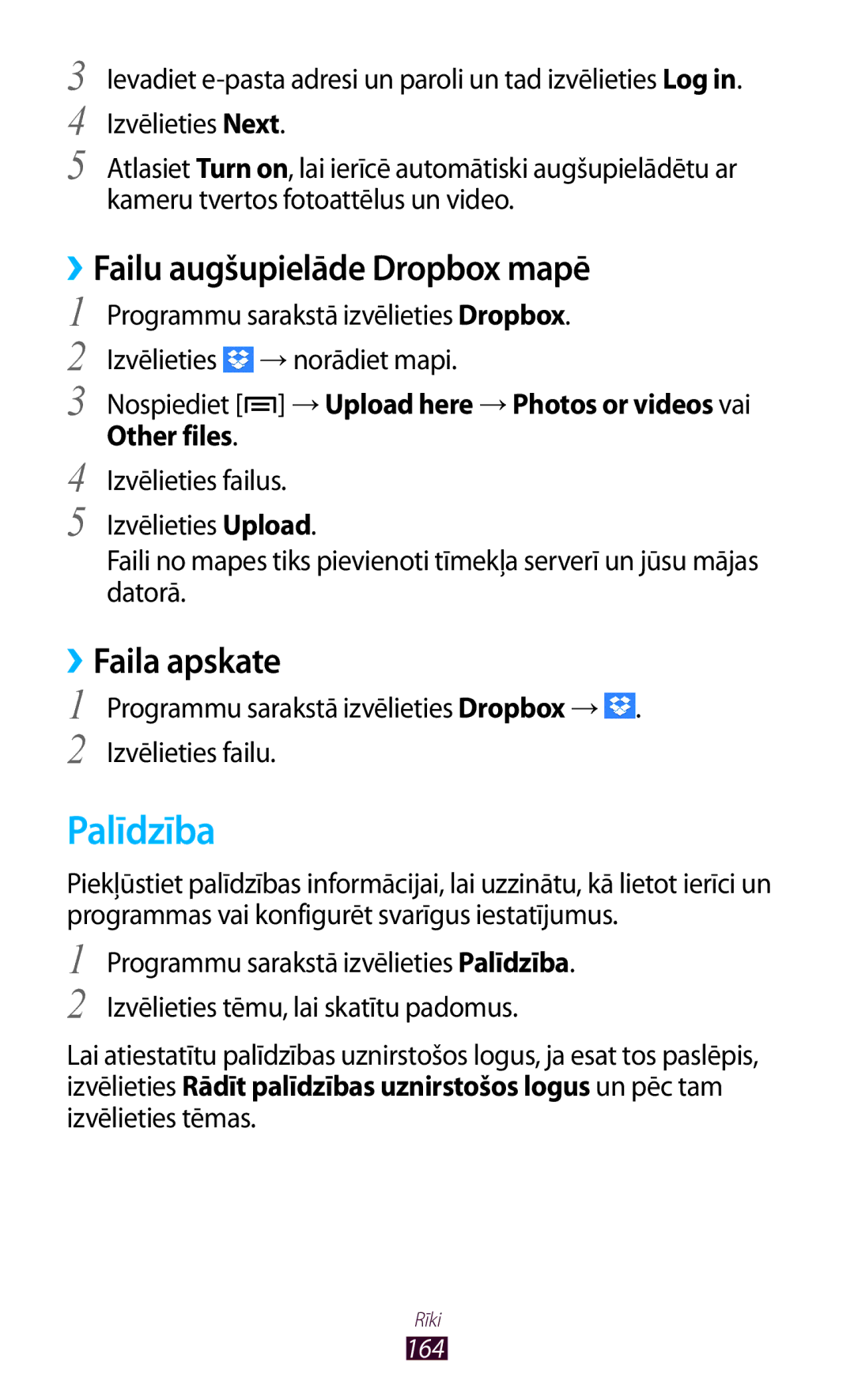 Samsung GT-N7000RWASEB, GT-N7000ZBASEB manual Palīdzība, ››Failu augšupielāde Dropbox mapē, ››Faila apskate 