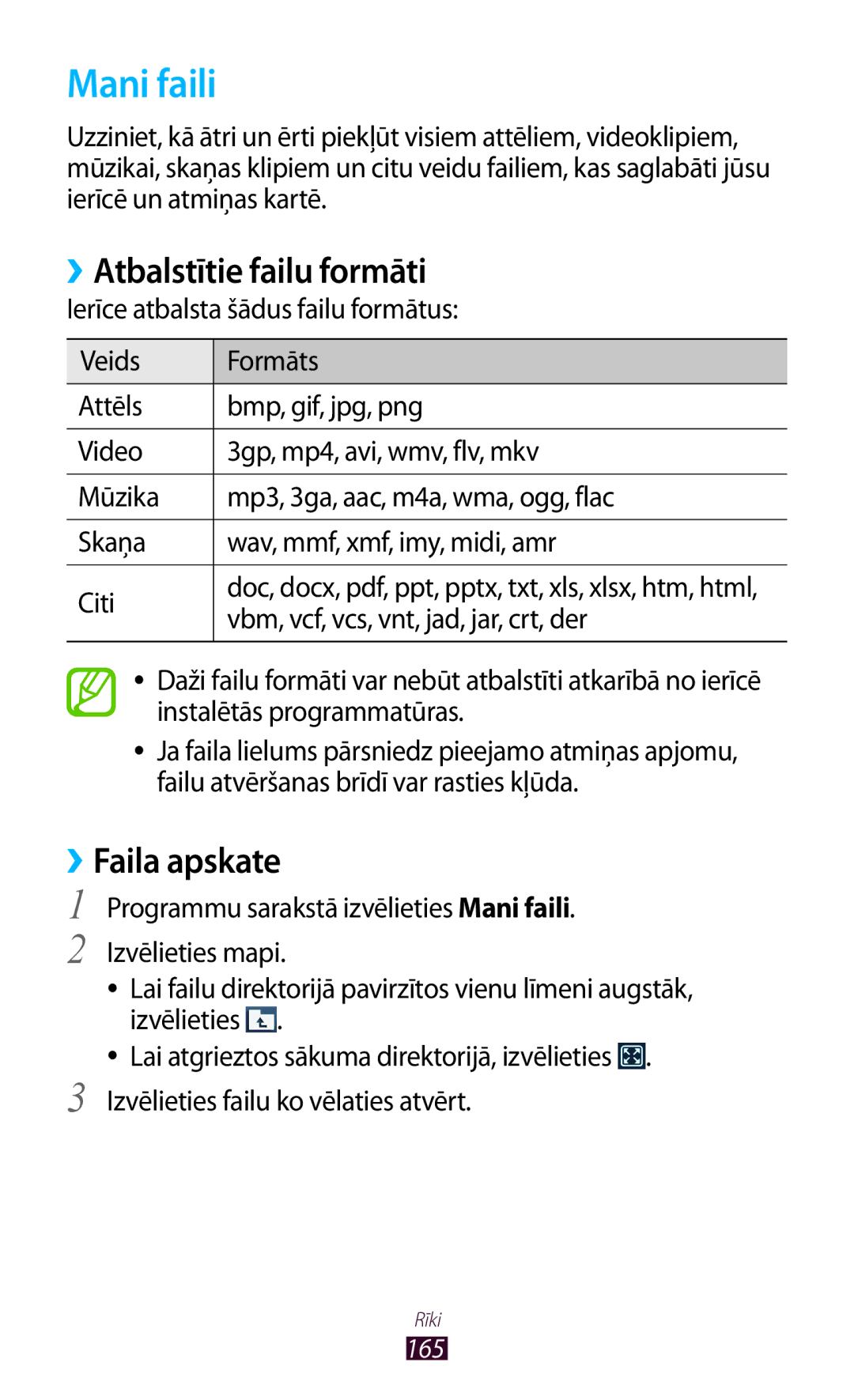 Samsung GT-N7000ZBASEB, GT-N7000RWASEB manual Mani faili, ››Atbalstītie failu formāti 