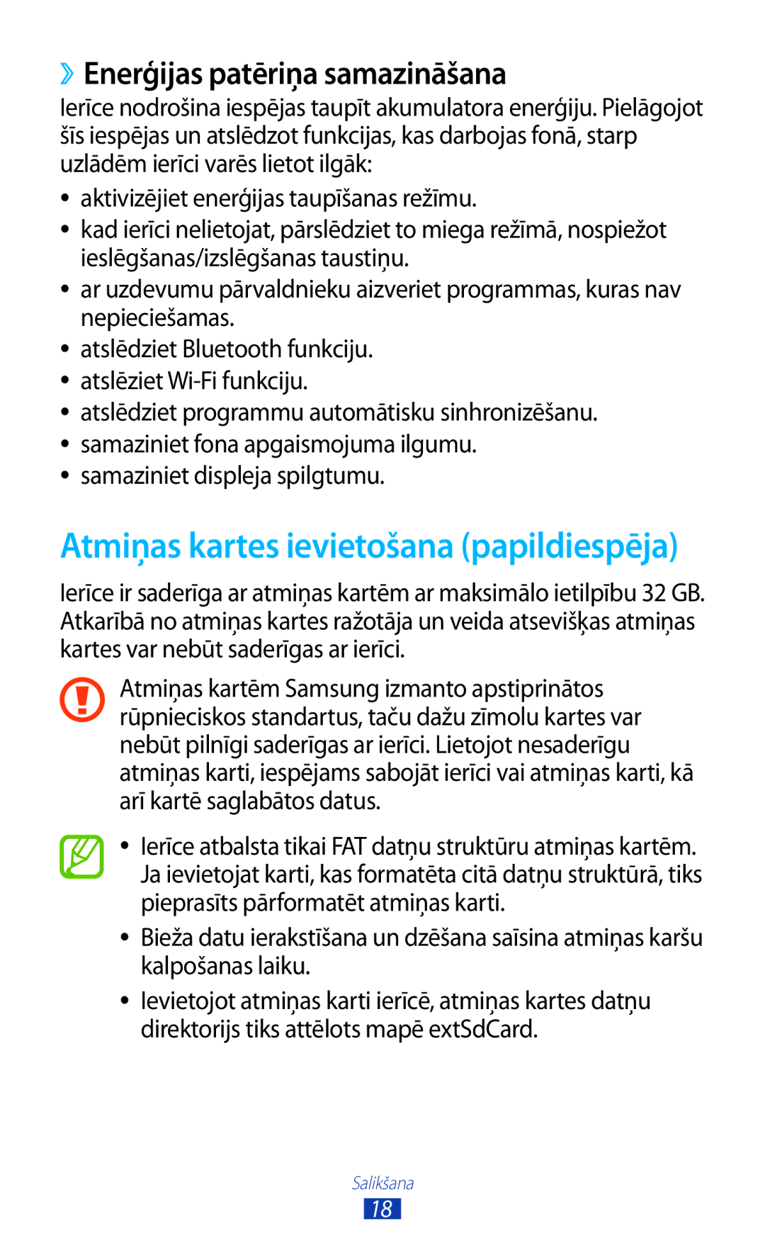 Samsung GT-N7000RWASEB, GT-N7000ZBASEB manual Atmiņas kartes ievietošana papildiespēja, ››Enerģijas patēriņa samazināšana 
