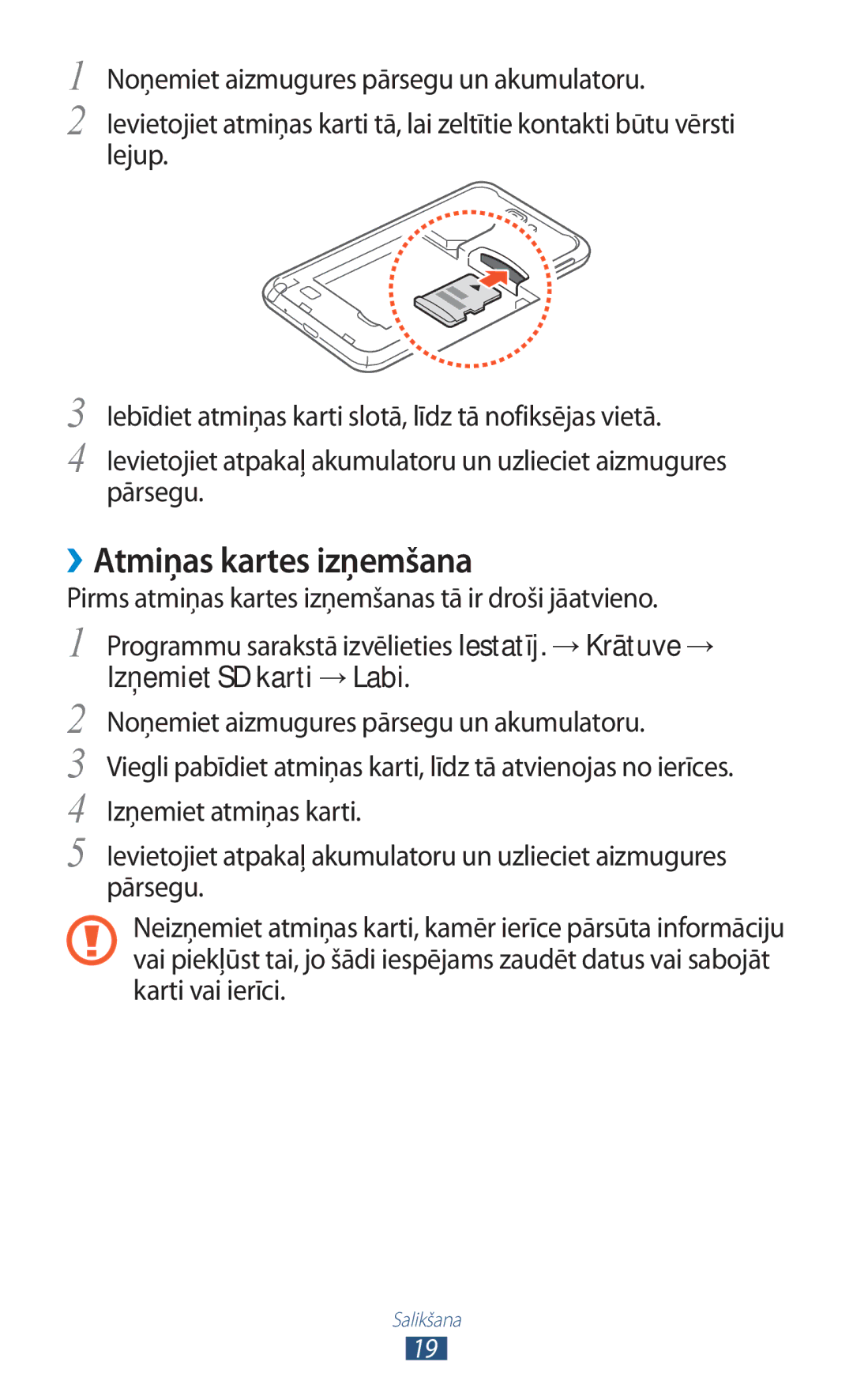 Samsung GT-N7000ZBASEB, GT-N7000RWASEB manual ››Atmiņas kartes izņemšana, Izņemiet SD karti →Labi 