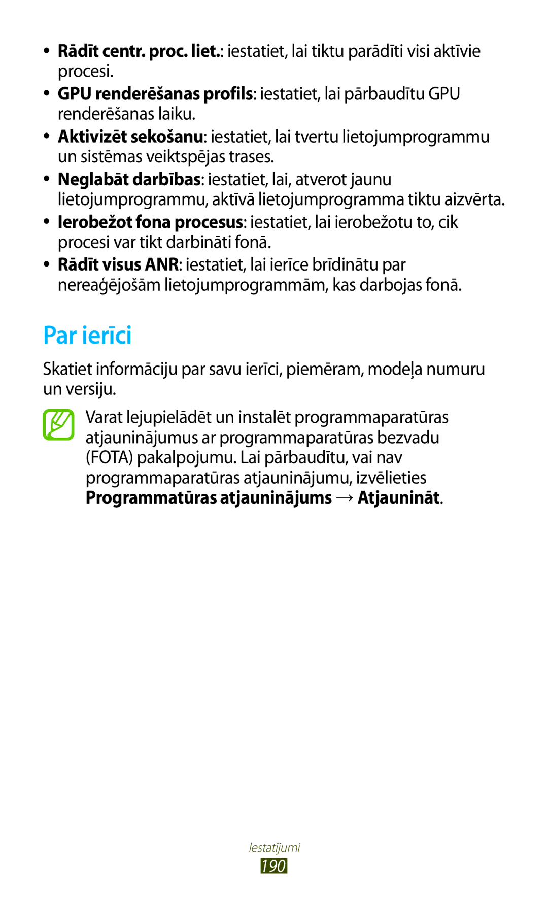 Samsung GT-N7000RWASEB, GT-N7000ZBASEB manual Par ierīci, Programmatūras atjauninājums →Atjaunināt 