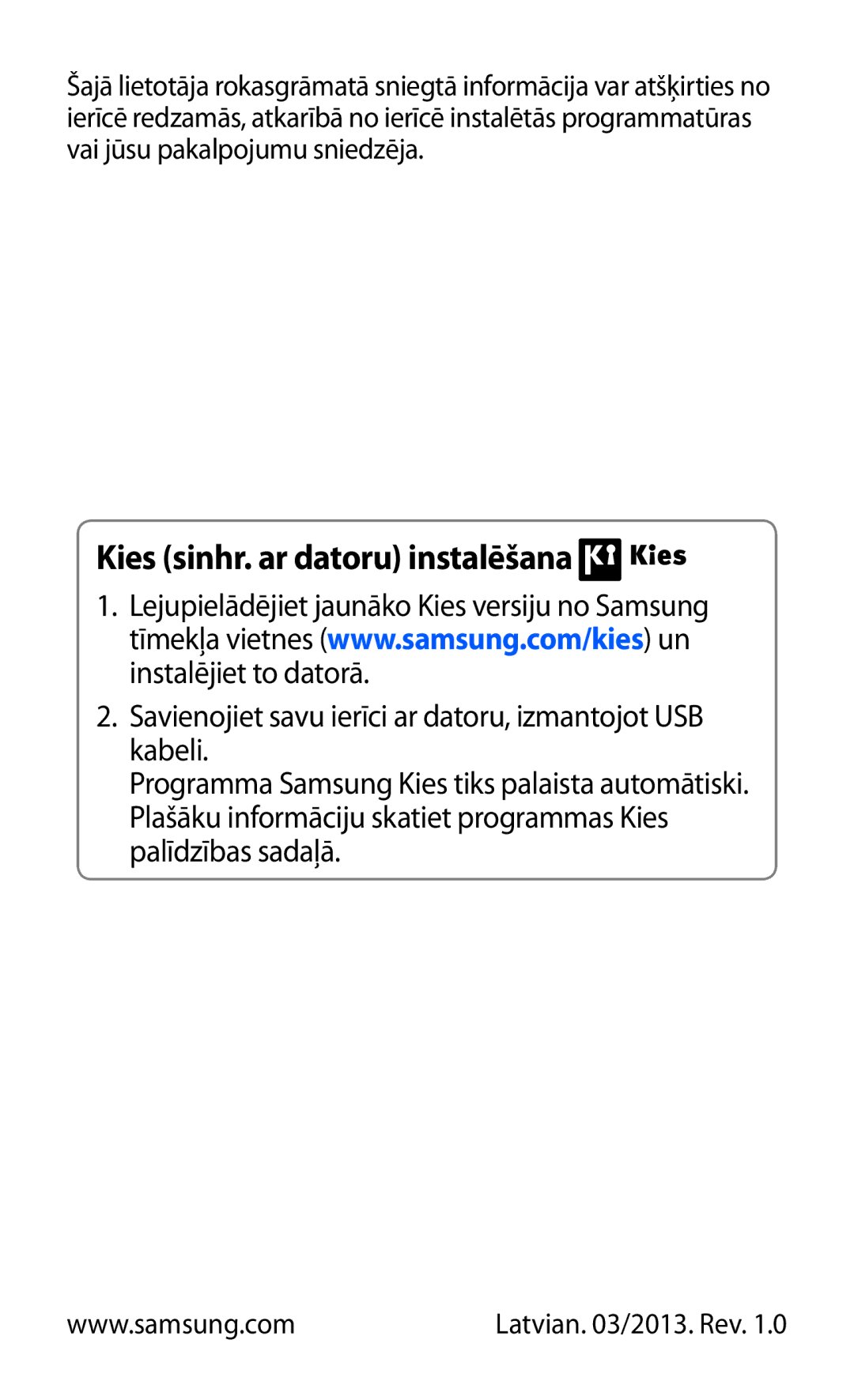 Samsung GT-N7000ZBASEB, GT-N7000RWASEB manual Kies sinhr. ar datoru instalēšana 