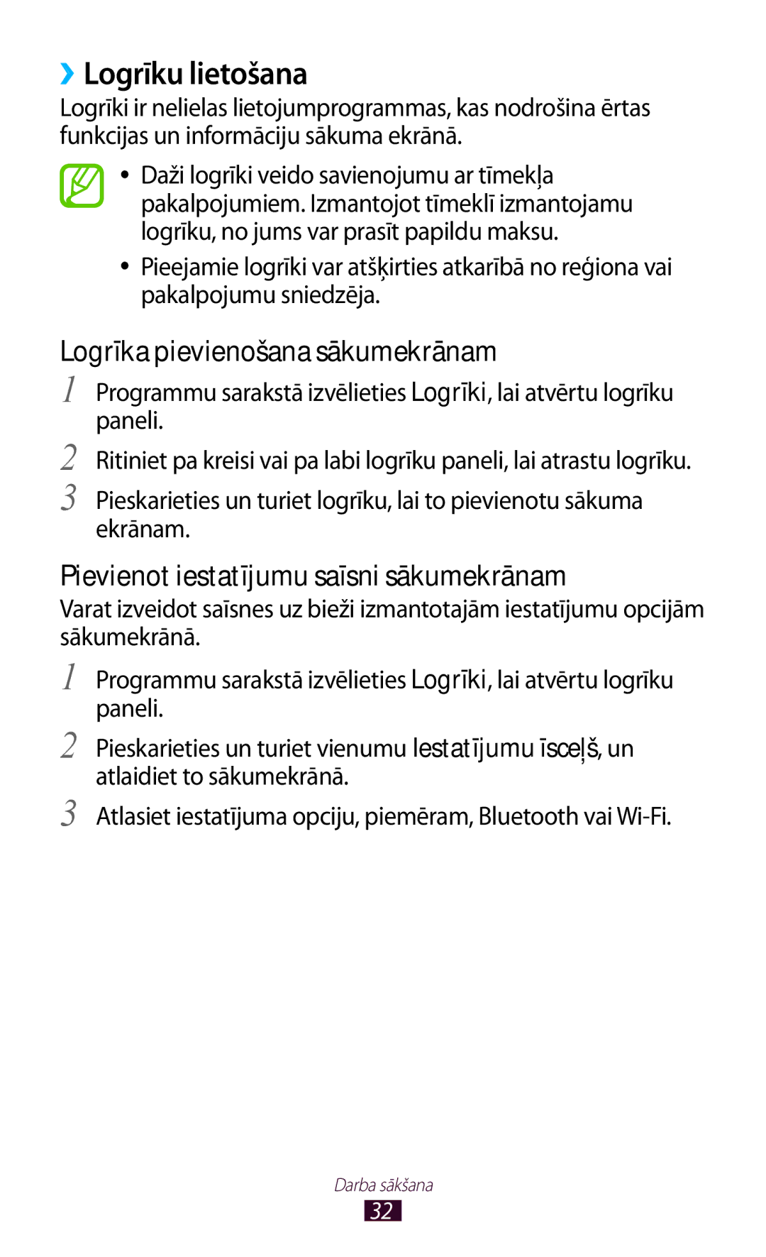 Samsung GT-N7000RWASEB ››Logrīku lietošana, Logrīka pievienošana sākumekrānam, Pievienot iestatījumu saīsni sākumekrānam 