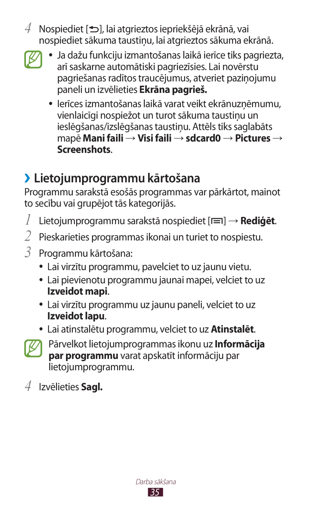 Samsung GT-N7000ZBASEB manual ››Lietojumprogrammu kārtošana, Mapē Mani faili →Visi faili →sdcard0 →Pictures → Screenshots 