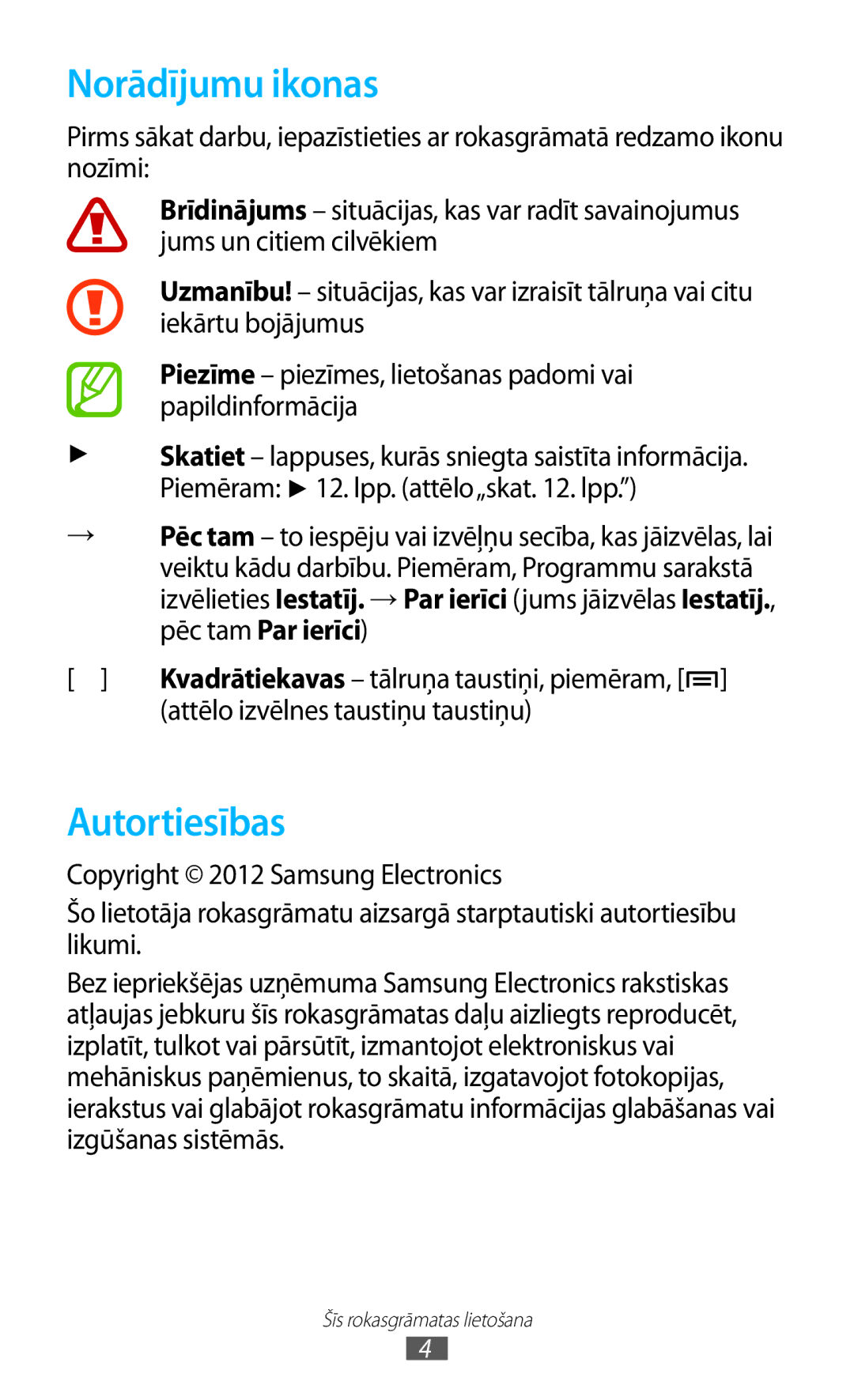 Samsung GT-N7000RWASEB, GT-N7000ZBASEB manual Norādījumu ikonas, Autortiesības, Attēlo izvēlnes taustiņu taustiņu 