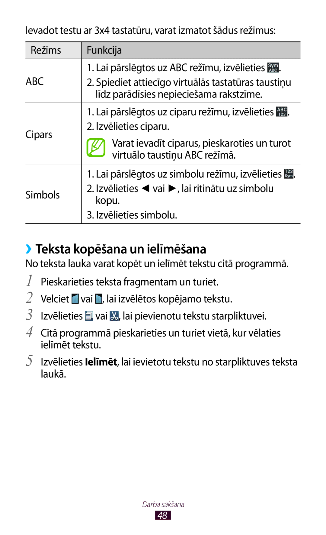 Samsung GT-N7000RWASEB ››Teksta kopēšana un ielīmēšana, Līdz parādīsies nepieciešama rakstzīme, Cipars Izvēlieties ciparu 