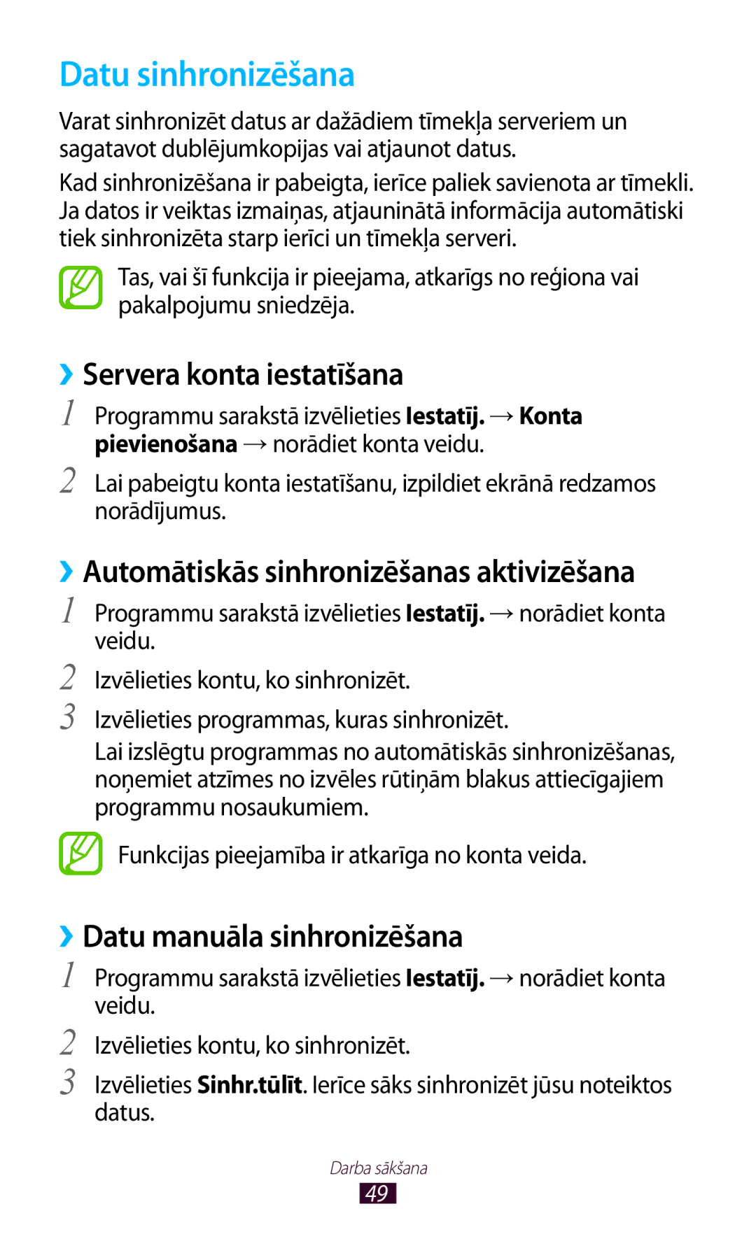 Samsung GT-N7000ZBASEB, GT-N7000RWASEB Datu sinhronizēšana, ››Servera konta iestatīšana, ››Datu manuāla sinhronizēšana 