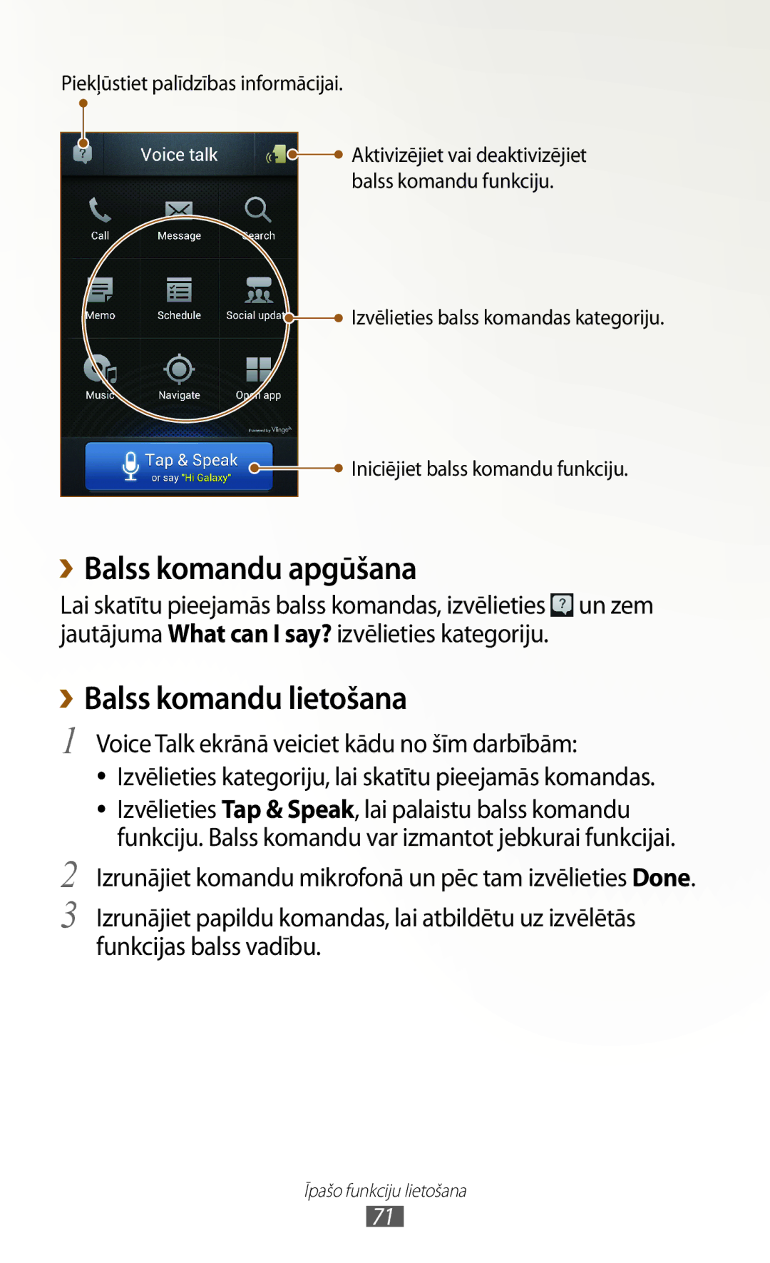 Samsung GT-N7000ZBASEB, GT-N7000RWASEB manual ››Balss komandu apgūšana, ››Balss komandu lietošana 