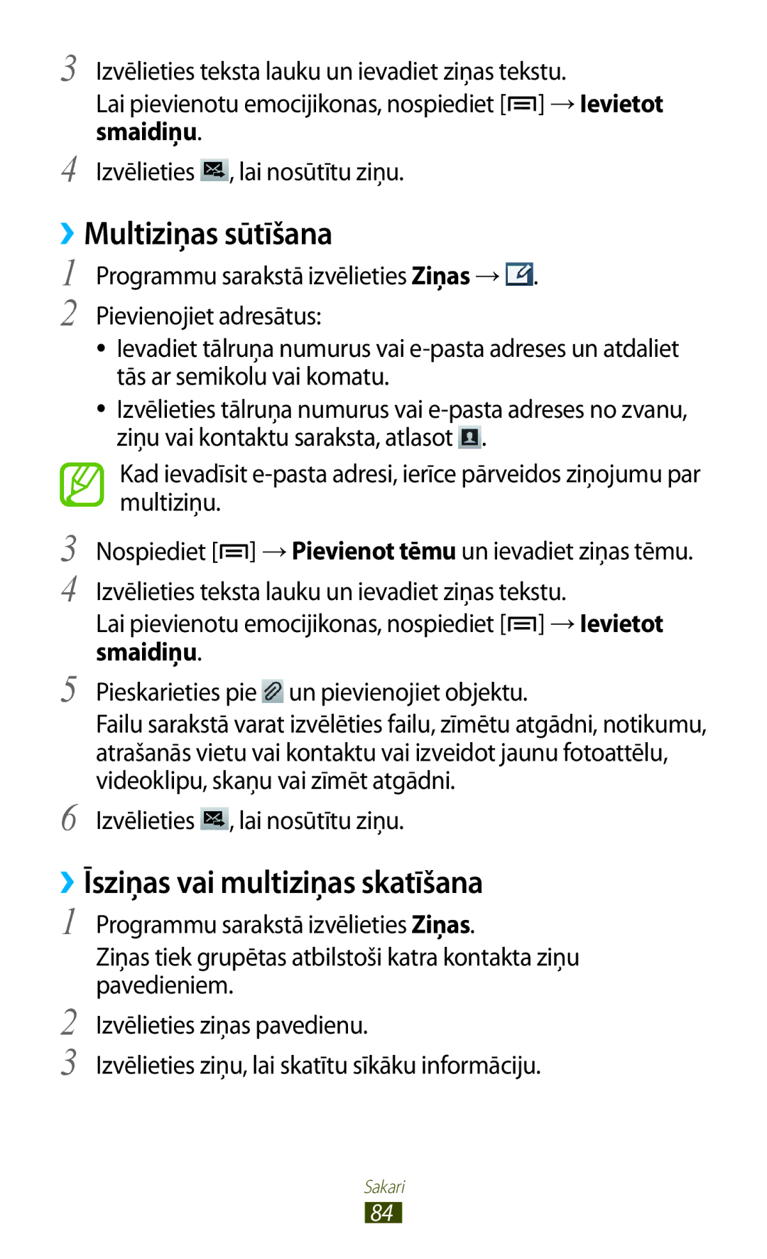 Samsung GT-N7000RWASEB, GT-N7000ZBASEB manual ››Multiziņas sūtīšana, ››Īsziņas vai multiziņas skatīšana 