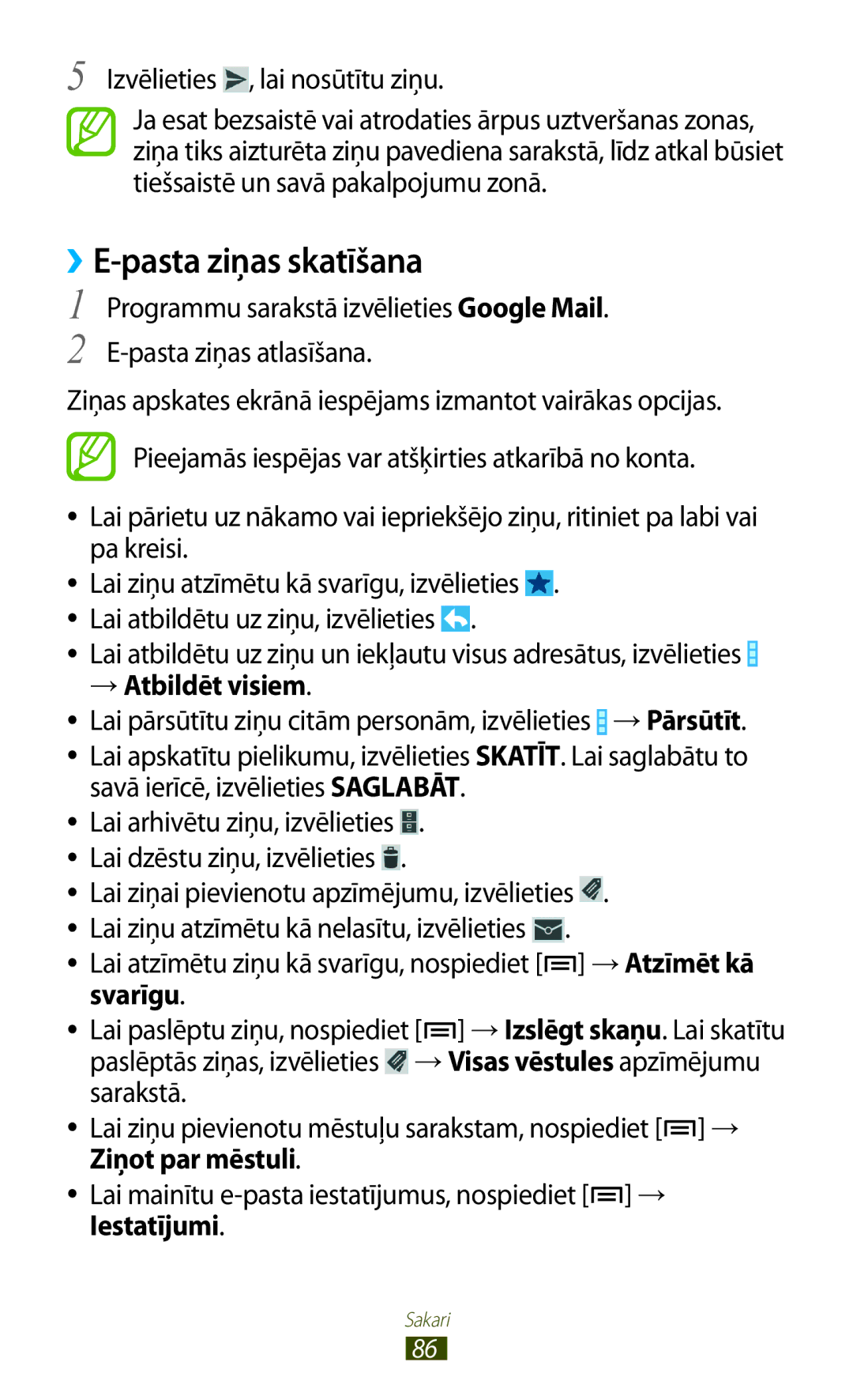Samsung GT-N7000RWASEB, GT-N7000ZBASEB manual ››E-pasta ziņas skatīšana, → Atbildēt visiem, Iestatījumi 