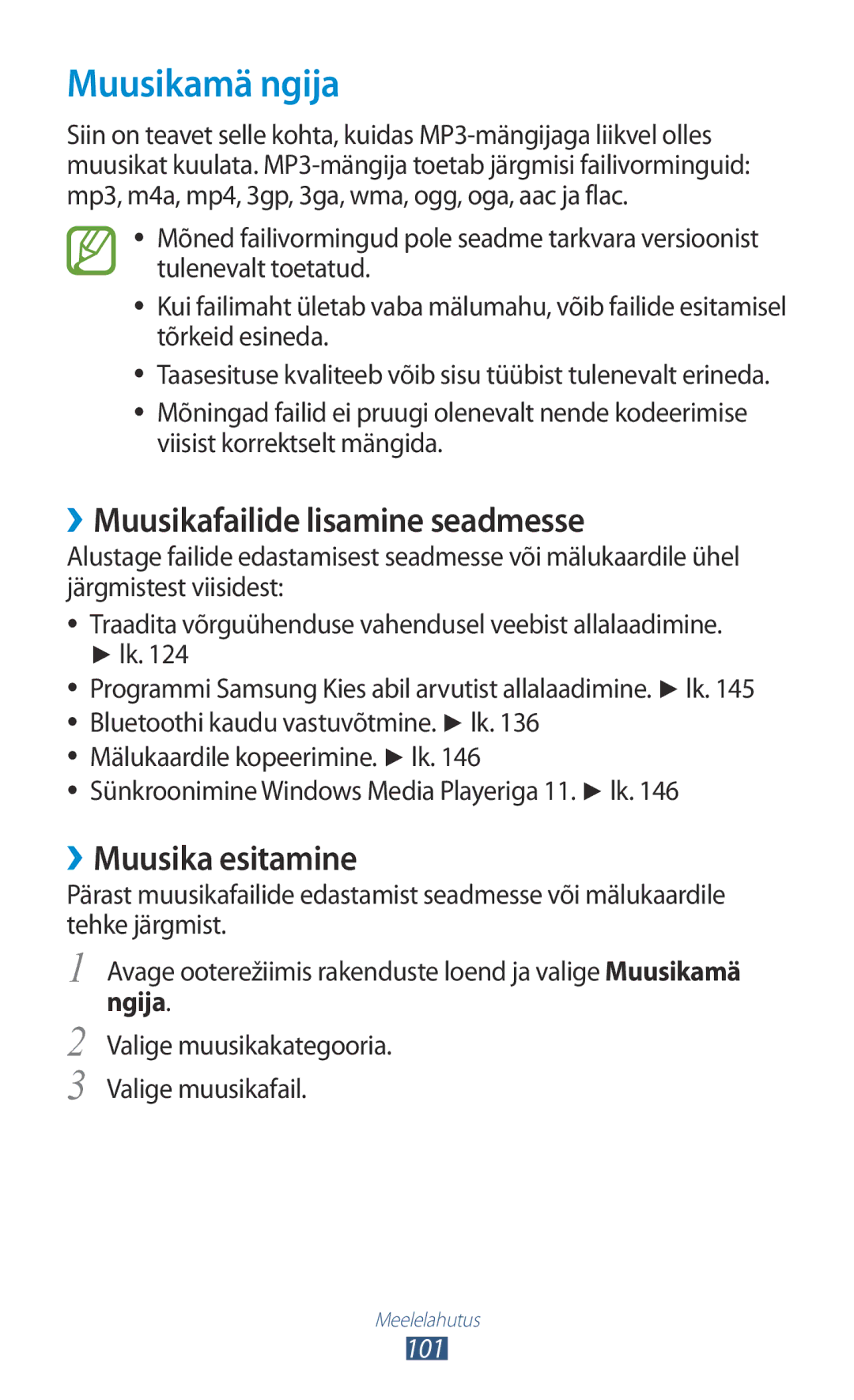 Samsung GT-N7000ZBASEB manual Muusikamä ngija, ››Muusikafailide lisamine seadmesse, ››Muusika esitamine, Ngija, 101 