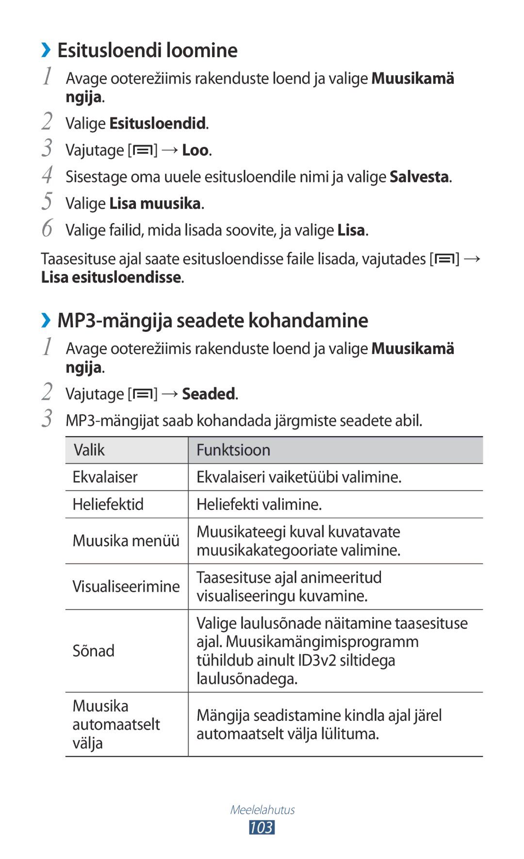 Samsung GT-N7000ZBASEB manual ››Esitusloendi loomine, ››MP3-mängija seadete kohandamine, Ngija Valige Esitusloendid 