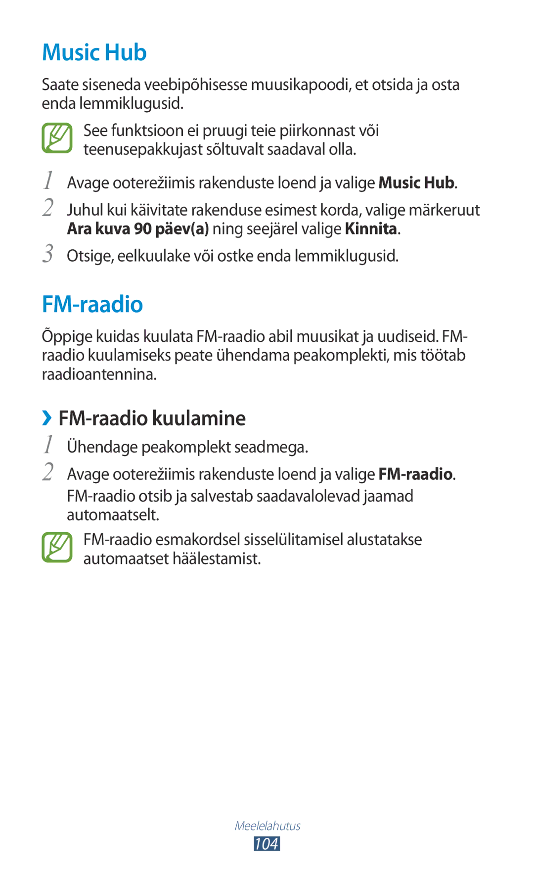 Samsung GT-N7000RWASEB, GT-N7000ZBASEB manual Music Hub, ››FM-raadio kuulamine, 104 