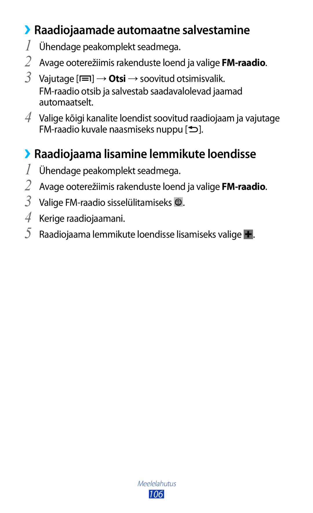 Samsung GT-N7000RWASEB manual ››Raadiojaamade automaatne salvestamine, ››Raadiojaama lisamine lemmikute loendisse, 106 