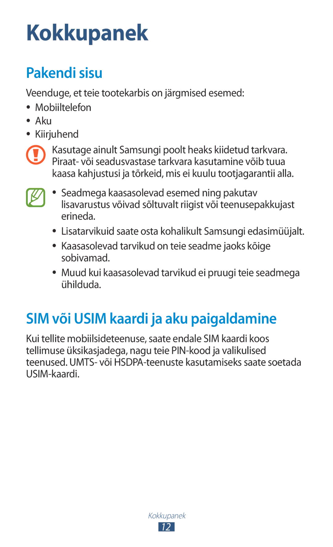 Samsung GT-N7000RWASEB, GT-N7000ZBASEB manual Pakendi sisu, SIM või Usim kaardi ja aku paigaldamine 