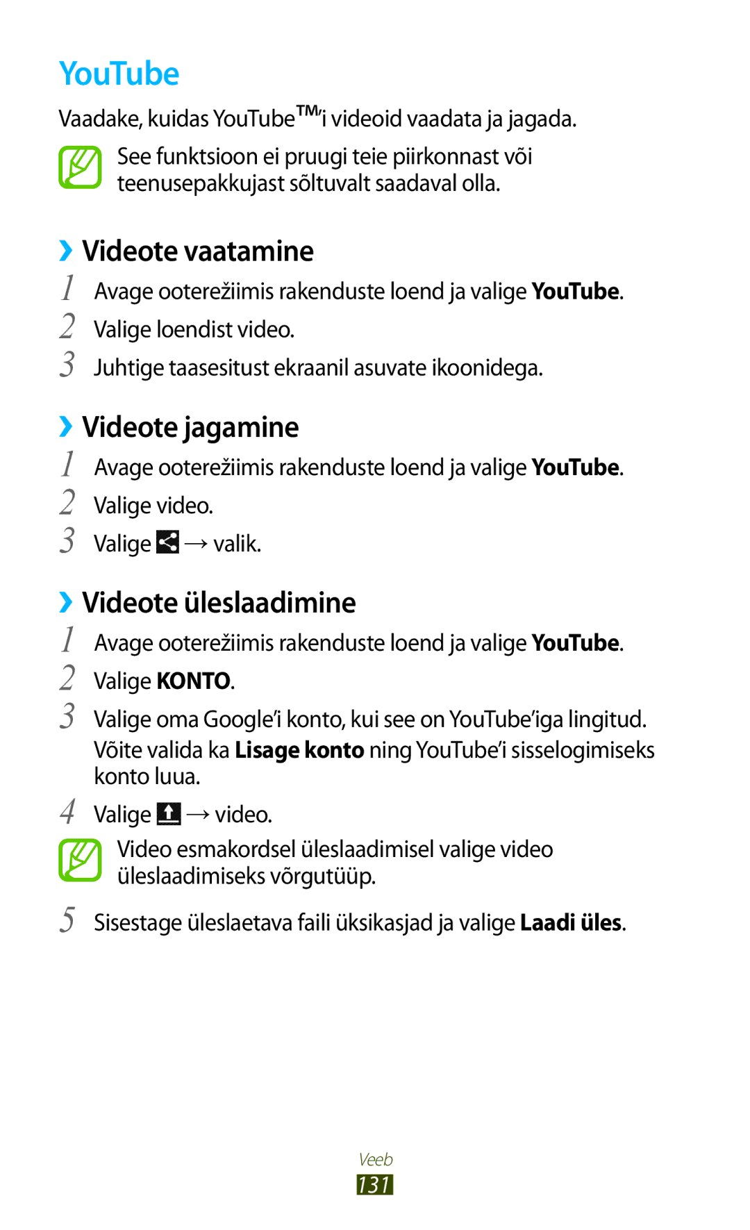 Samsung GT-N7000ZBASEB, GT-N7000RWASEB manual YouTube, ››Videote vaatamine, ››Videote jagamine, ››Videote üleslaadimine, 131 