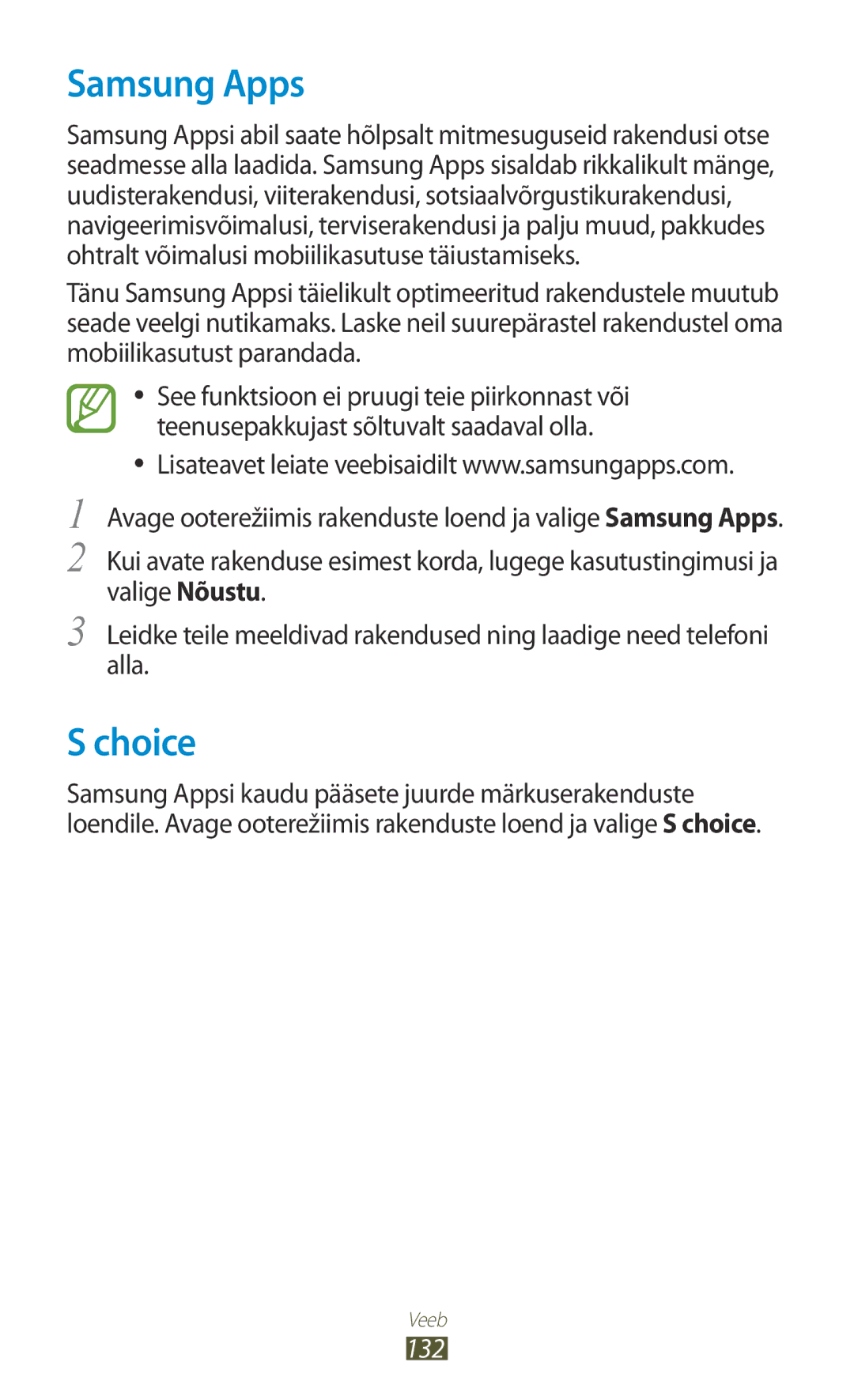 Samsung GT-N7000RWASEB, GT-N7000ZBASEB manual Samsung Apps, Choice, 132 