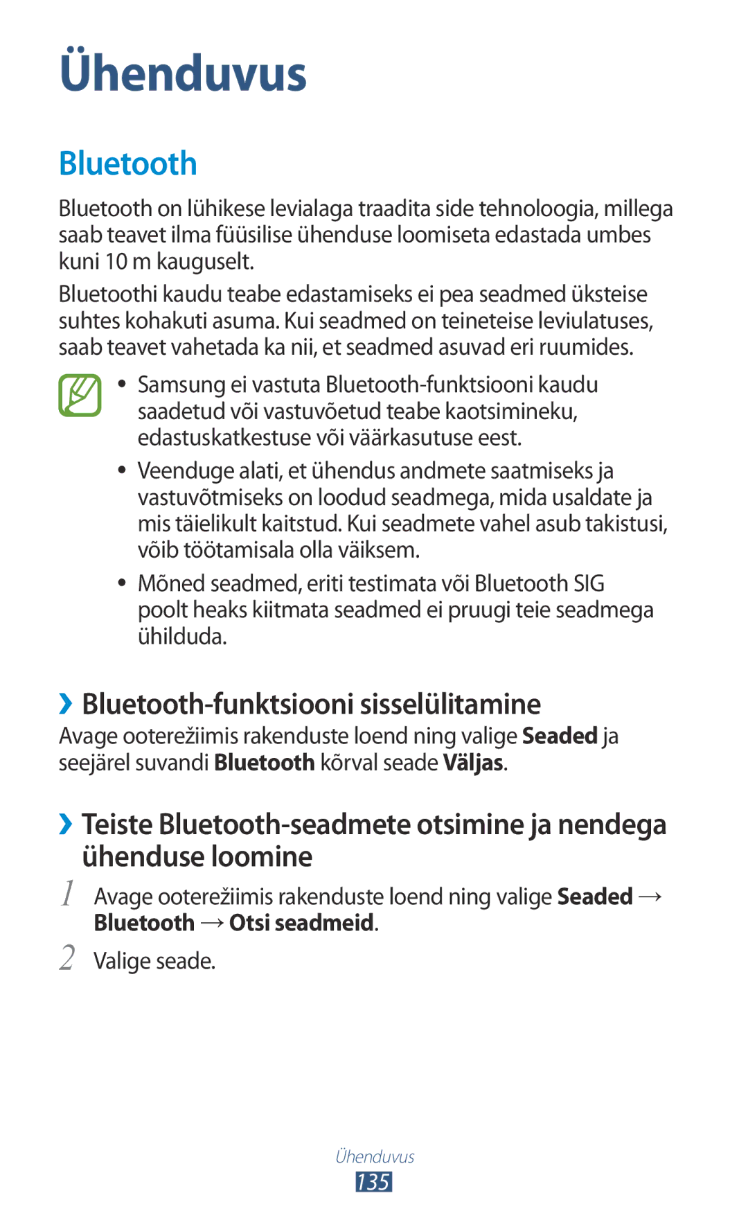 Samsung GT-N7000ZBASEB, GT-N7000RWASEB manual ››Bluetooth-funktsiooni sisselülitamine, 135 