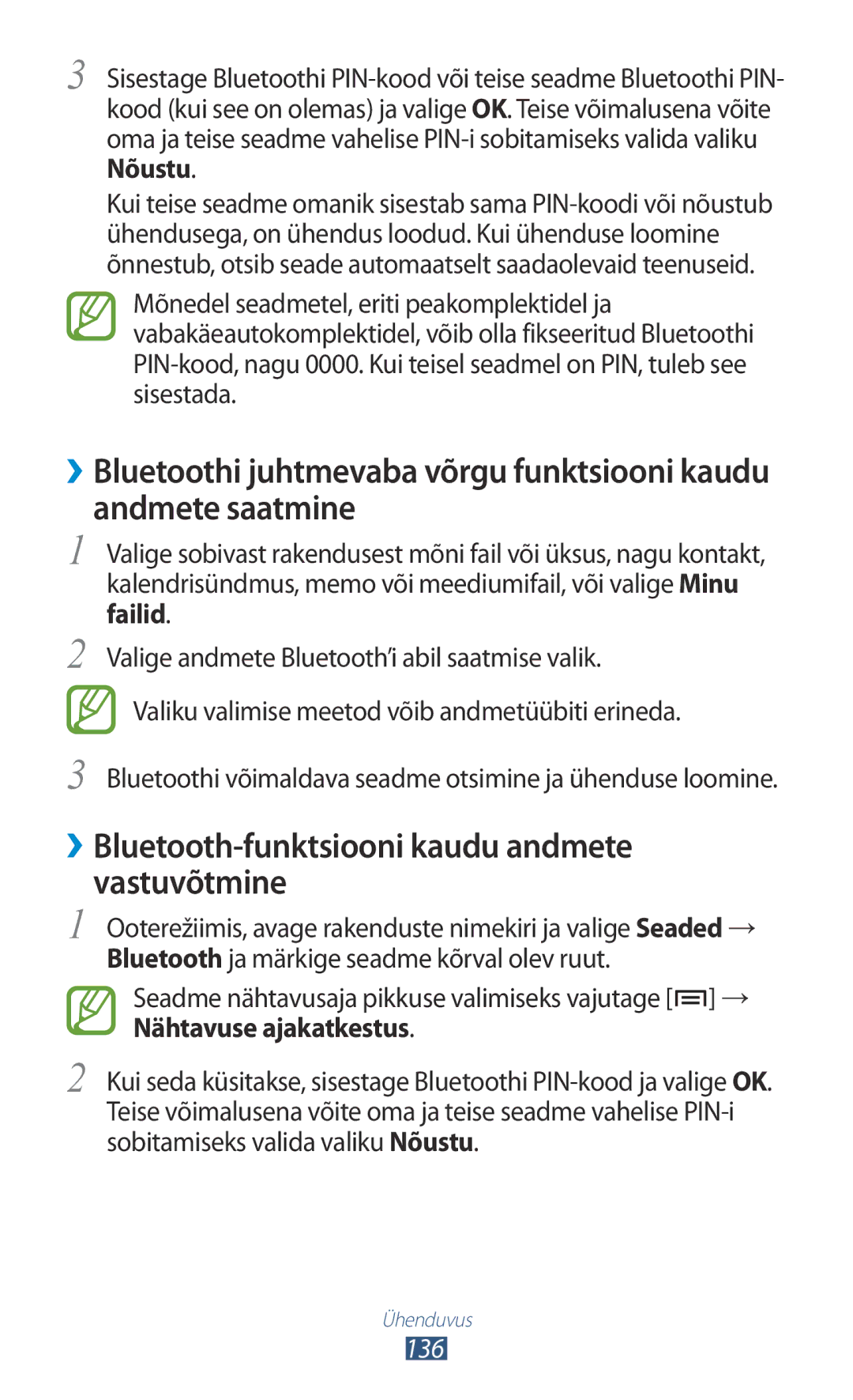 Samsung GT-N7000RWASEB, GT-N7000ZBASEB manual ››Bluetooth-funktsiooni kaudu andmete vastuvõtmine, 136 