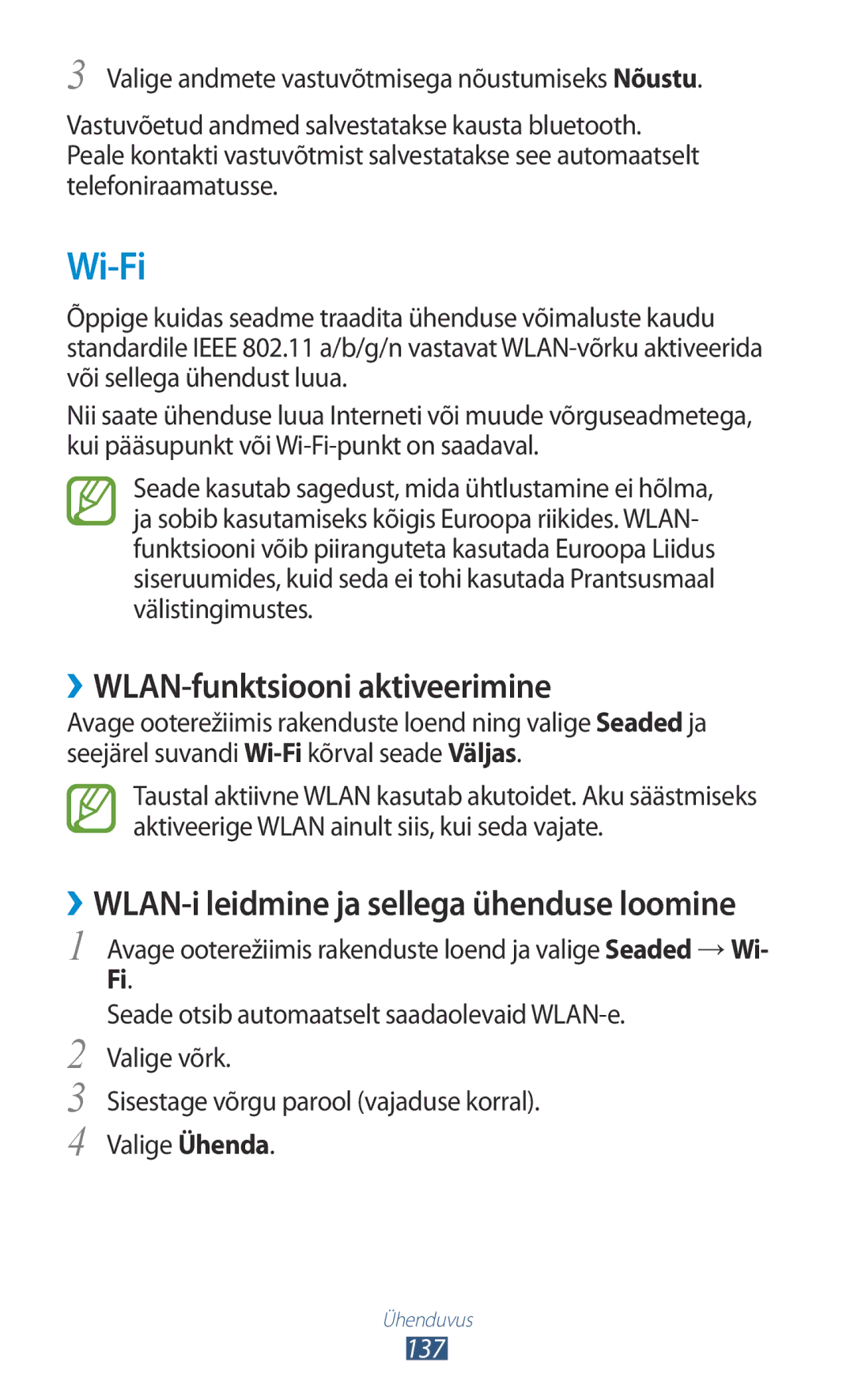 Samsung GT-N7000ZBASEB manual Wi-Fi, ››WLAN-funktsiooni aktiveerimine, ››WLAN-i leidmine ja sellega ühenduse loomine, 137 