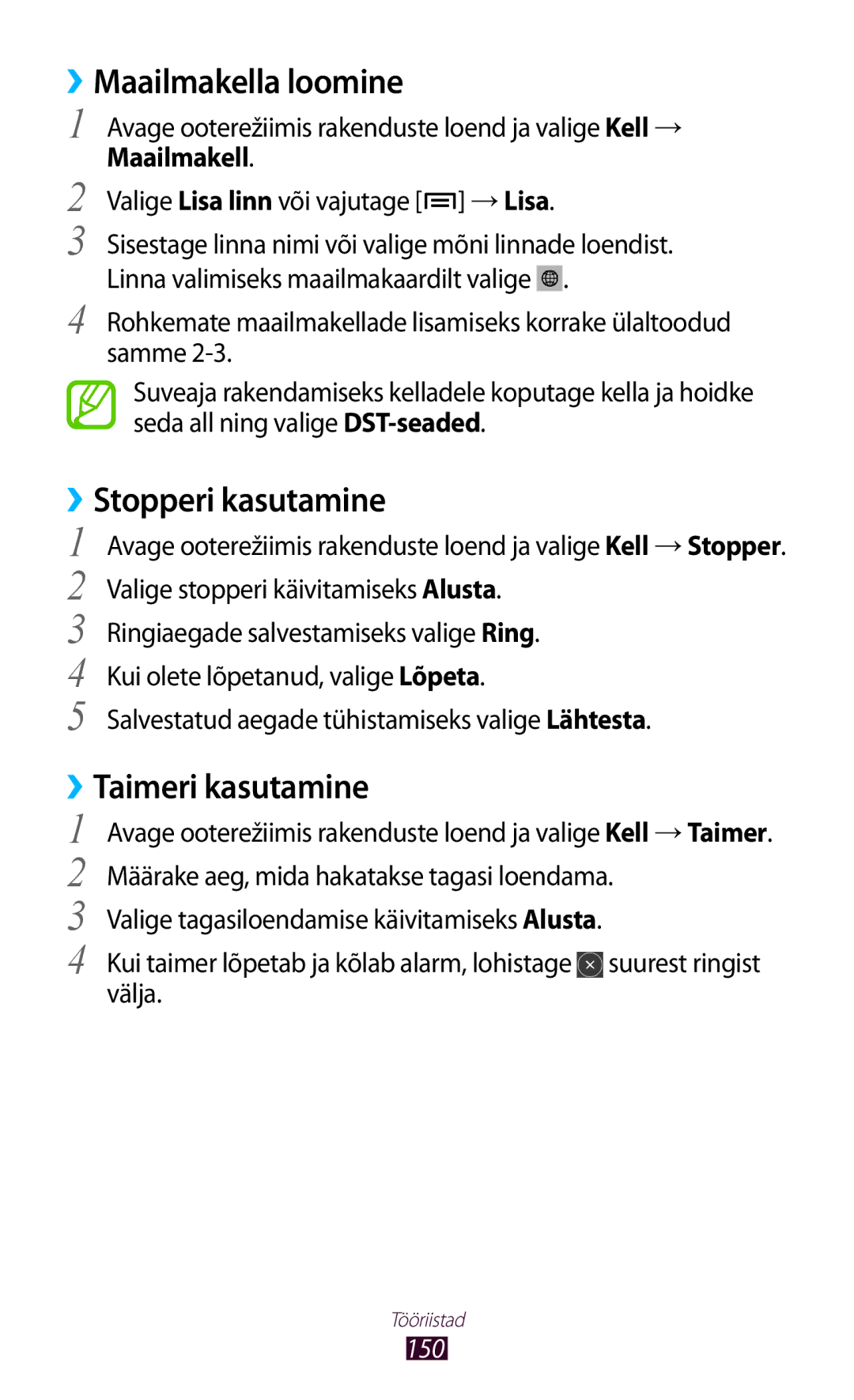 Samsung GT-N7000RWASEB, GT-N7000ZBASEB manual ››Maailmakella loomine, ››Stopperi kasutamine, ››Taimeri kasutamine, 150 