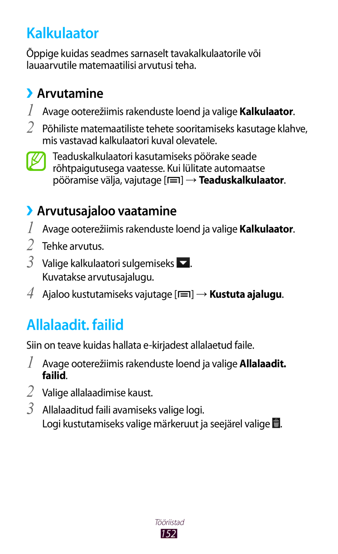Samsung GT-N7000RWASEB, GT-N7000ZBASEB manual Kalkulaator, Allalaadit. failid, ››Arvutamine, Failid, 152 