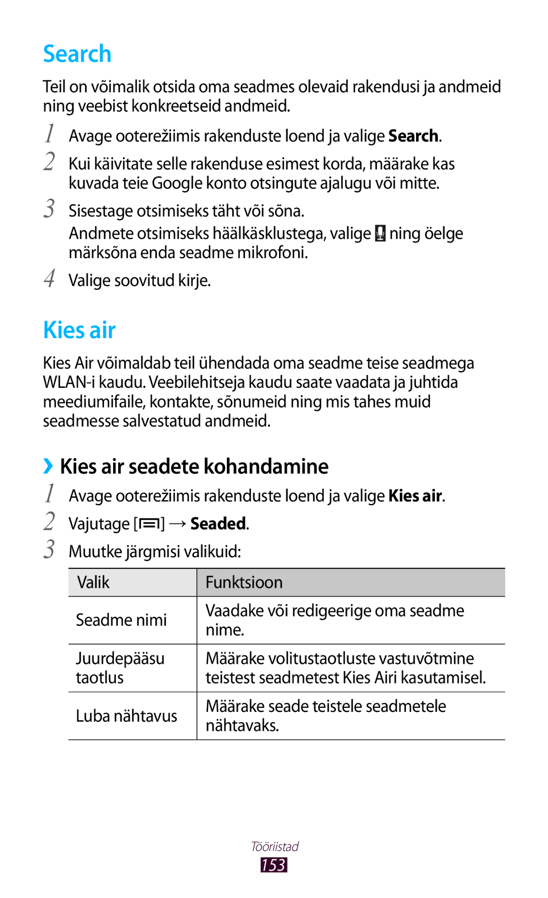 Samsung GT-N7000ZBASEB, GT-N7000RWASEB manual Search, Kies air seadete kohandamine, 153 