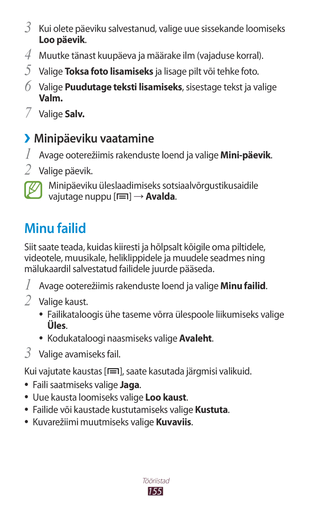 Samsung GT-N7000ZBASEB, GT-N7000RWASEB manual Minu failid, ››Minipäeviku vaatamine, Loo päevik, Valm, 155 