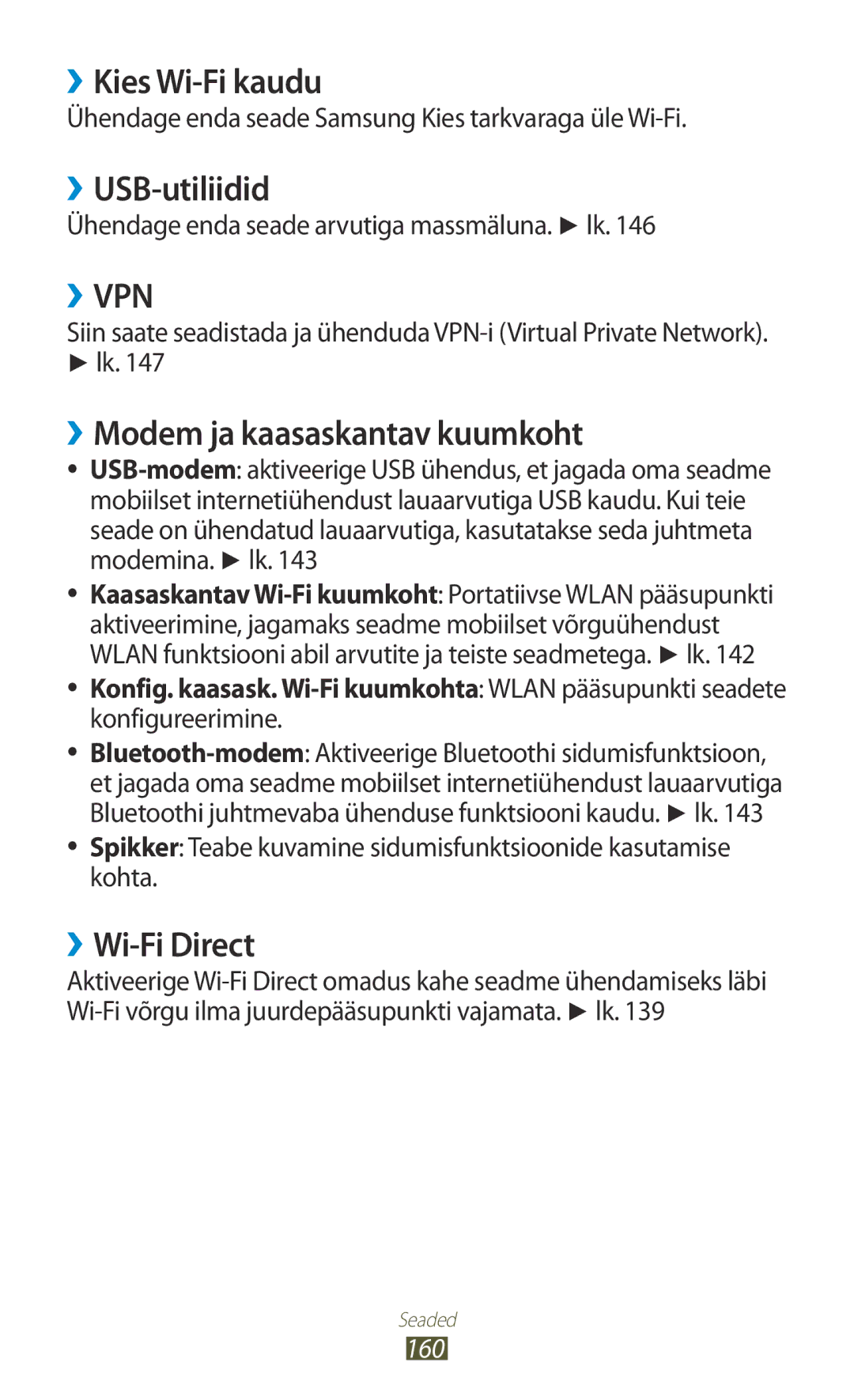 Samsung GT-N7000RWASEB manual ››Kies Wi-Fi kaudu, ››USB-utiliidid, ››Modem ja kaasaskantav kuumkoht, ››Wi-Fi Direct, 160 