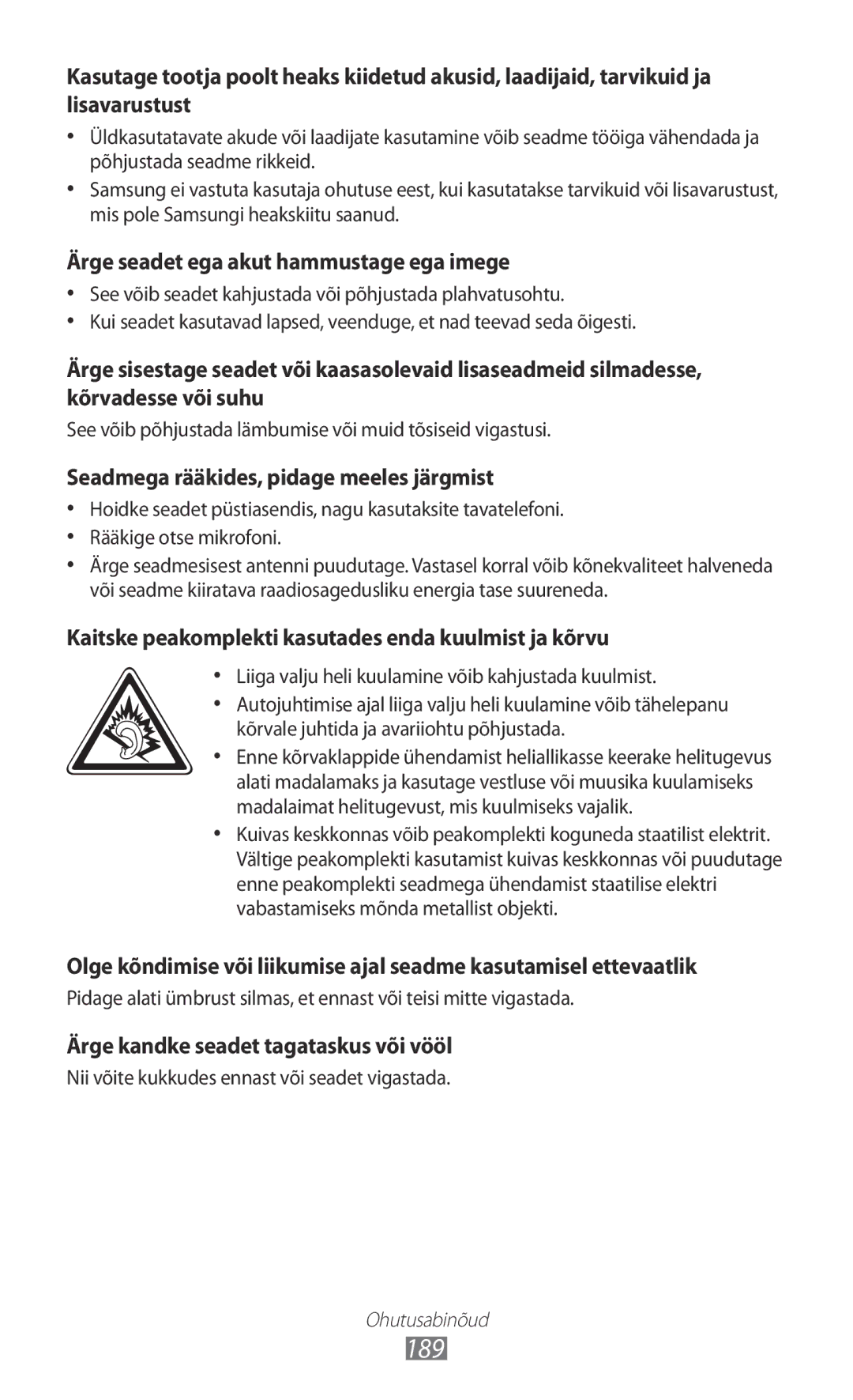 Samsung GT-N7000ZBASEB, GT-N7000RWASEB manual 189, Ärge seadet ega akut hammustage ega imege 