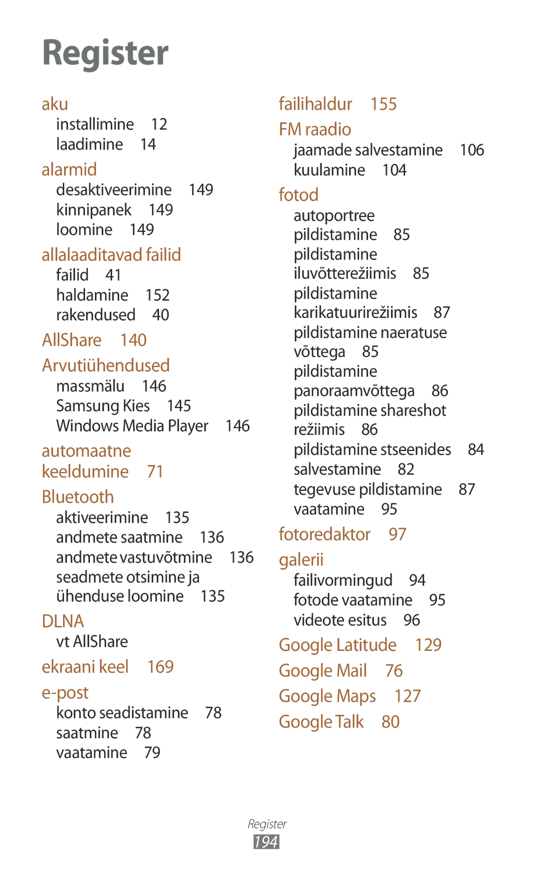 Samsung GT-N7000RWASEB Desaktiveerimine 149 kinnipanek 149 loomine , Vt AllShare, Jaamade salvestamine 106 kuulamine , 194 