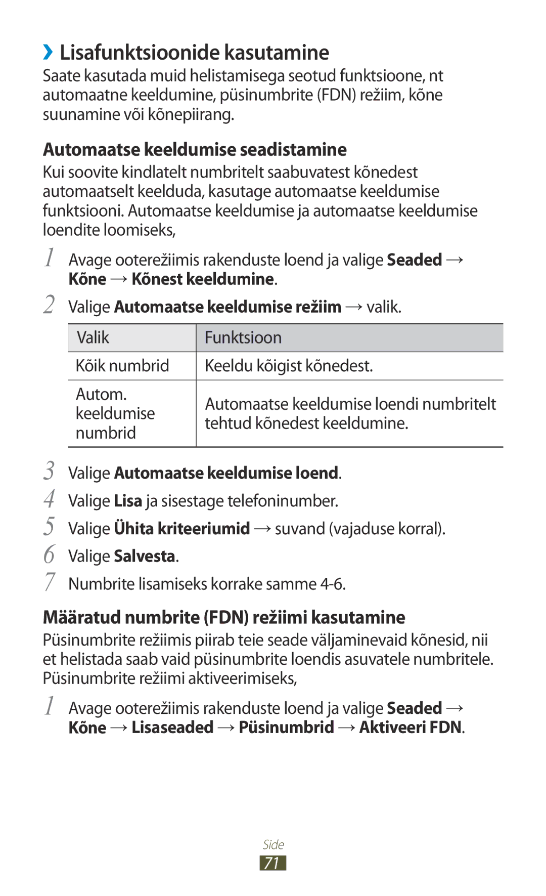 Samsung GT-N7000ZBASEB, GT-N7000RWASEB manual ››Lisafunktsioonide kasutamine, Valige Automaatse keeldumise režiim → valik 