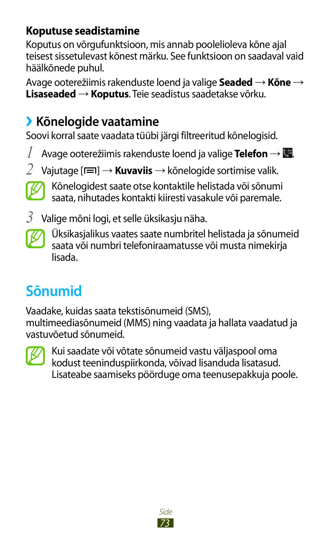 Samsung GT-N7000ZBASEB, GT-N7000RWASEB manual Sõnumid, ››Kõnelogide vaatamine 