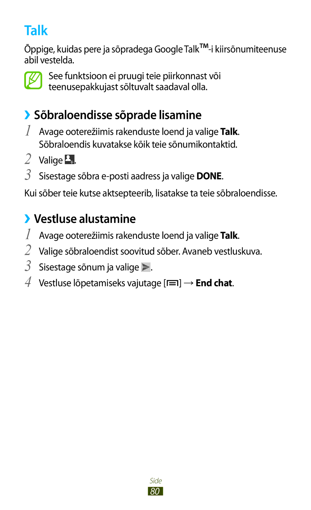 Samsung GT-N7000RWASEB, GT-N7000ZBASEB manual Talk, ››Sõbraloendisse sõprade lisamine, ››Vestluse alustamine 