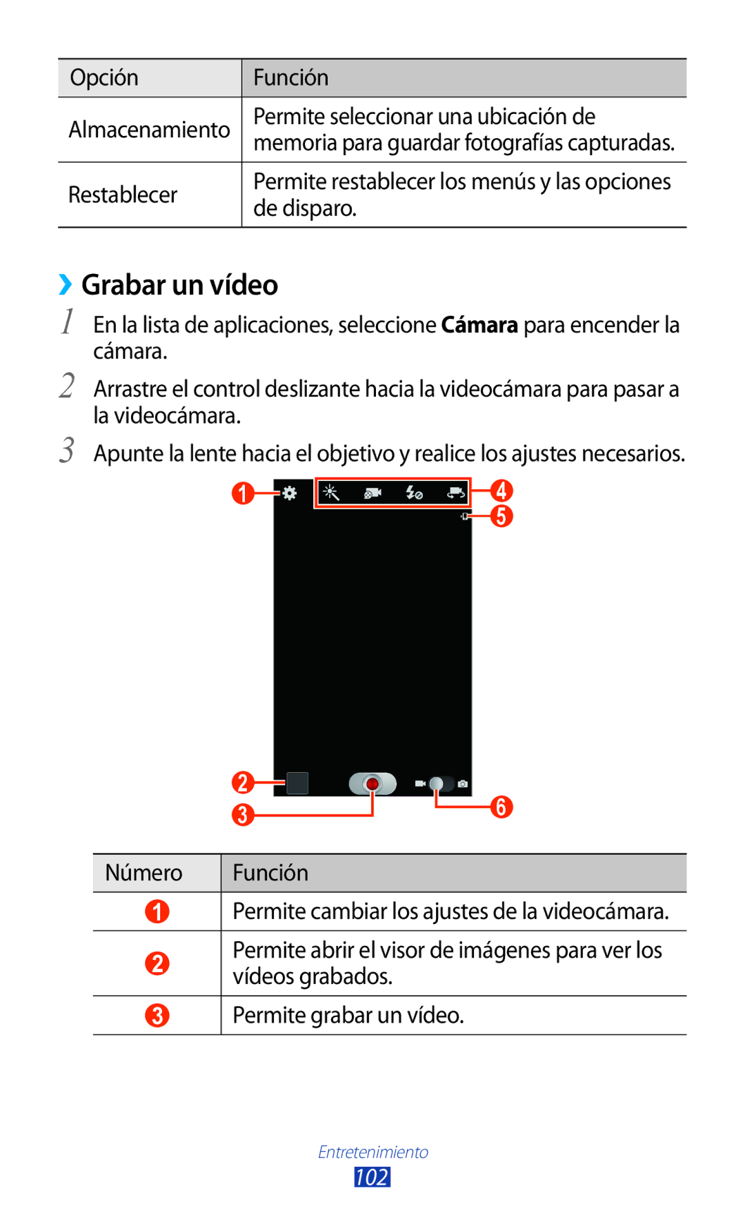 Samsung GT-N7000ZBAATL manual ››Grabar un vídeo, Permite seleccionar una ubicación de, Restablecer, De disparo, 102 