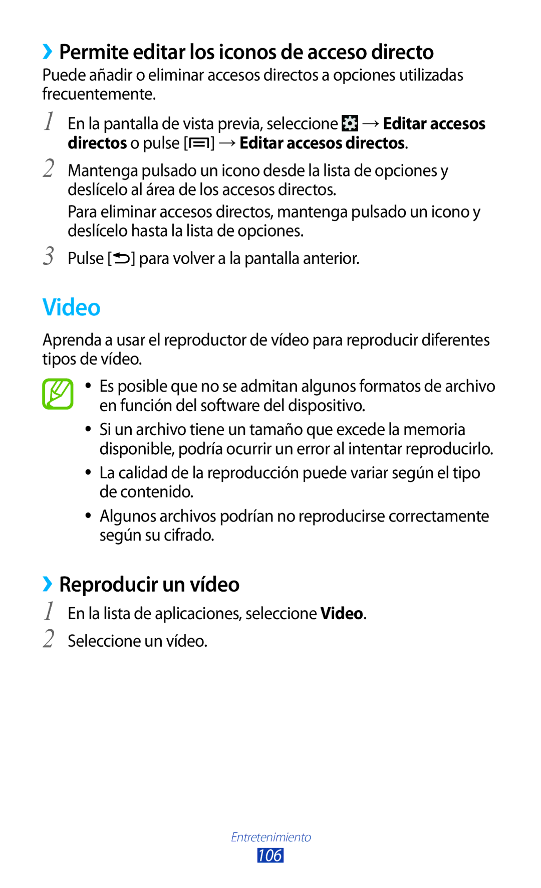 Samsung GT-N7000RWAAMN, GT-N7000RWATMN Video, ››Permite editar los iconos de acceso directo, ››Reproducir un vídeo, 106 