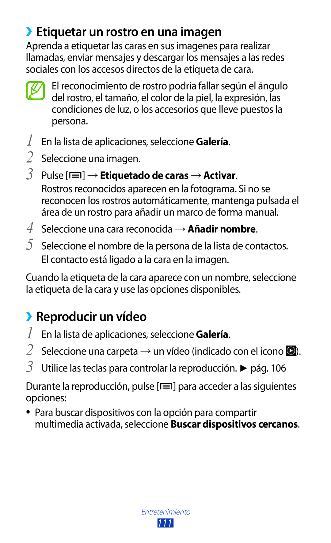 Samsung GT-N7000ZBAAMN, GT-N7000RWATMN manual ››Etiquetar un rostro en una imagen, Pulse →Etiquetado de caras →Activar, 111 