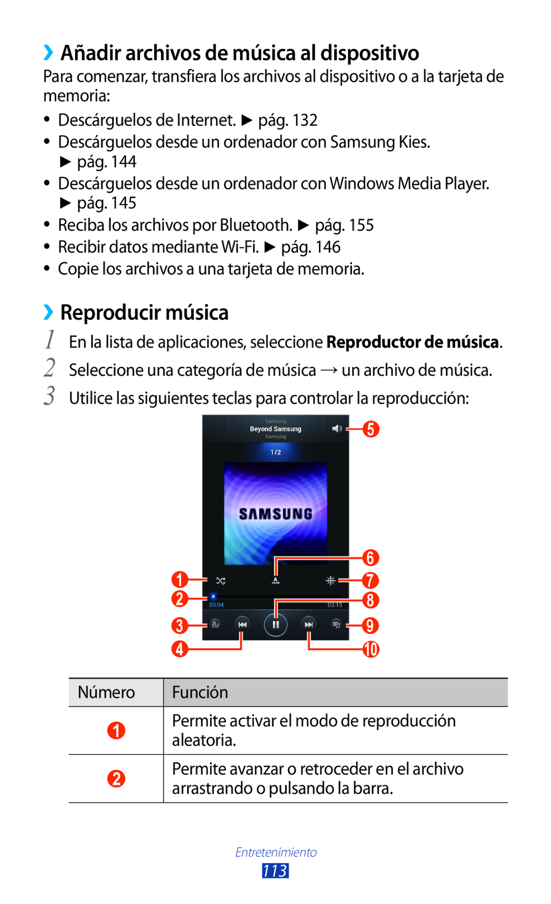 Samsung GT-N7000ZBEXEC, GT-N7000RWATMN, GT-N7000ZBEPHE ››Añadir archivos de música al dispositivo, ››Reproducir música, 113 