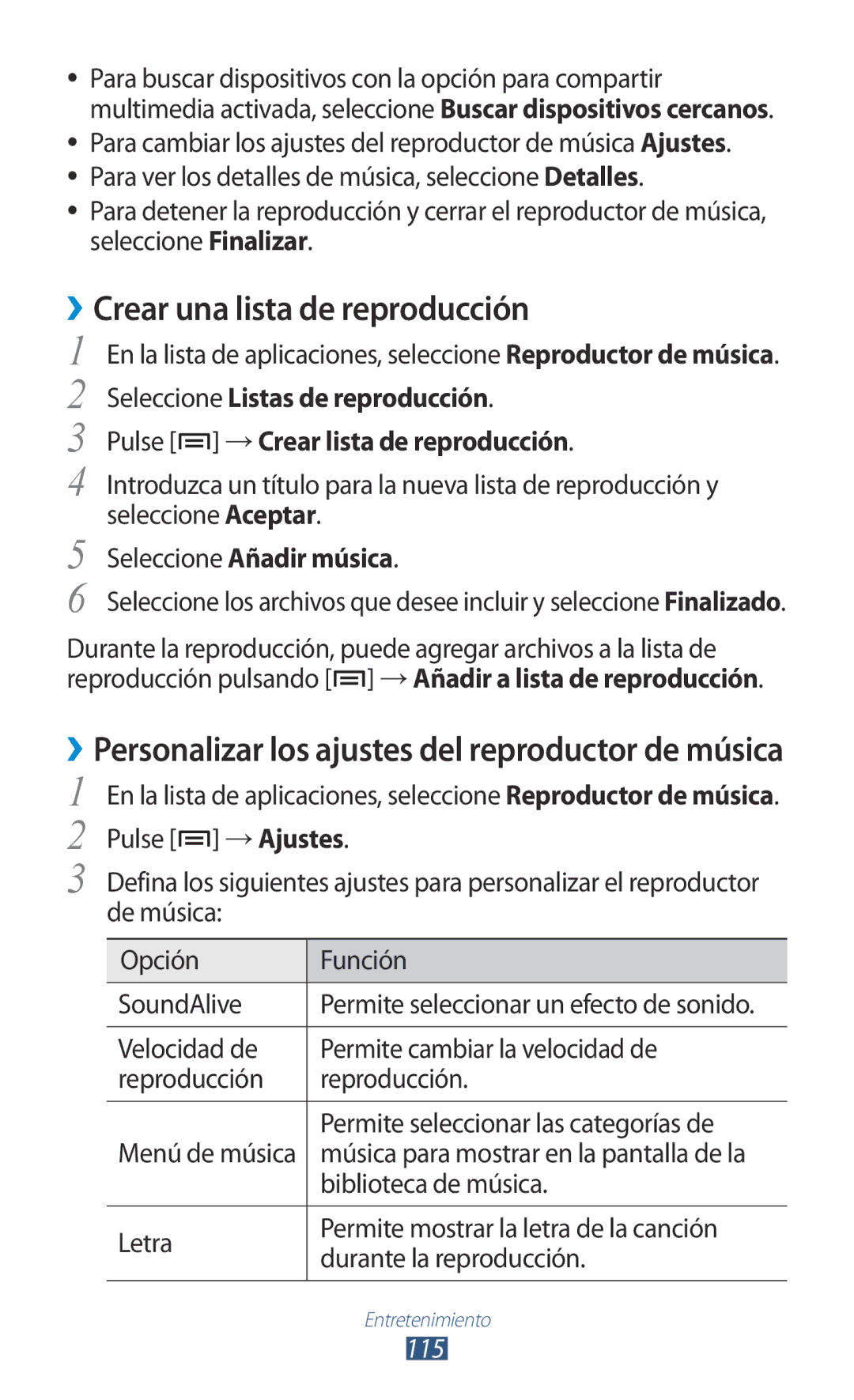 Samsung GT-N7000RWATMN manual ››Crear una lista de reproducción, ››Personalizar los ajustes del reproductor de música, 115 