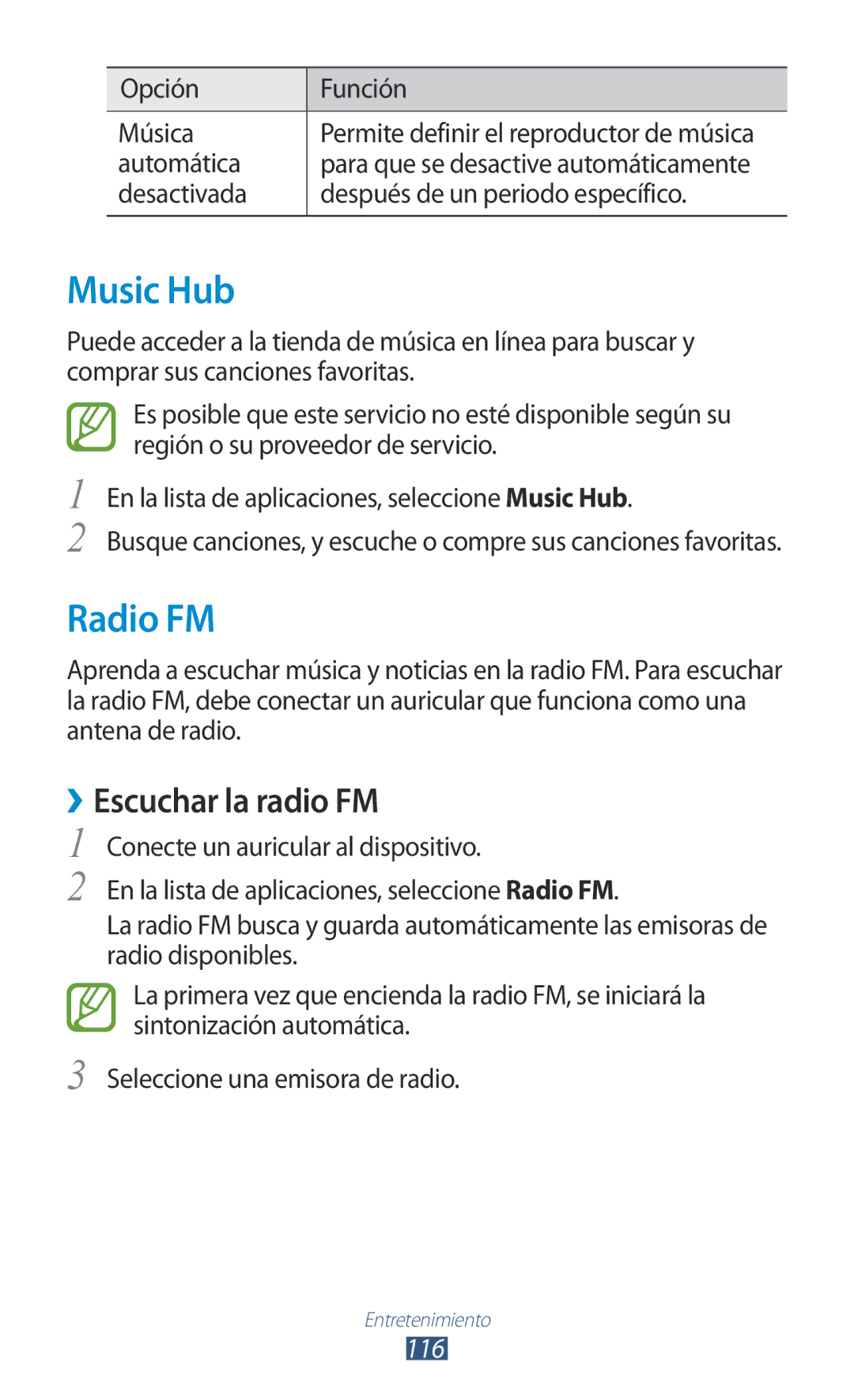 Samsung GT-N7000ZBEPHE, GT-N7000RWATMN, GT-N7000RWEPHE, GT-N7000ZBAXSP manual Music Hub, Radio FM, ››Escuchar la radio FM, 116 