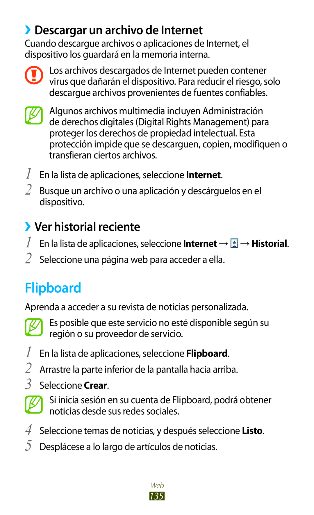 Samsung GT-N7000RWAFOP, GT-N7000RWATMN manual Flipboard, ››Descargar un archivo de Internet, ››Ver historial reciente, 135 