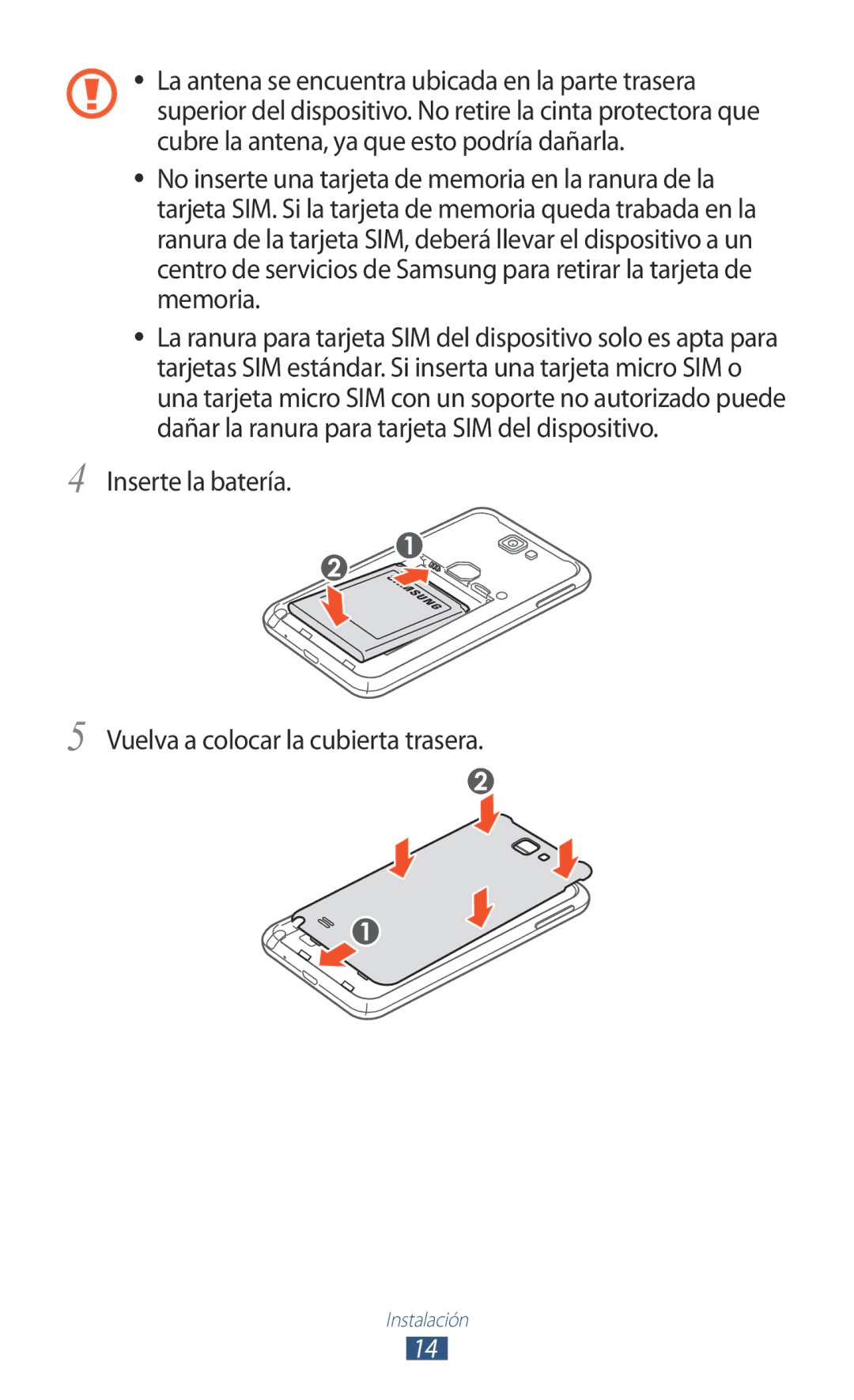 Samsung GT-N7000RWAAMN, GT-N7000RWATMN, GT-N7000ZBEPHE manual Inserte la batería Vuelva a colocar la cubierta trasera 