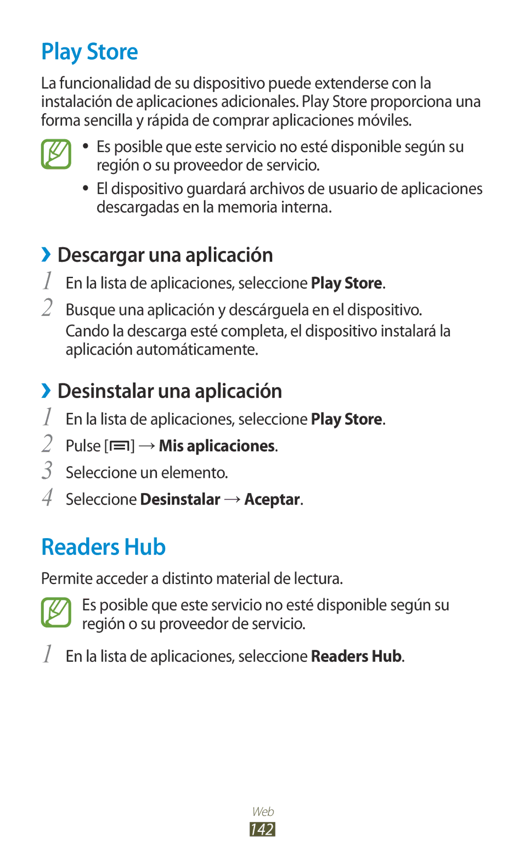 Samsung GT-N7000ZBAPHE, GT-N7000RWATMN, GT-N7000ZBEPHE manual Play Store, Readers Hub, Seleccione Desinstalar →Aceptar, 142 