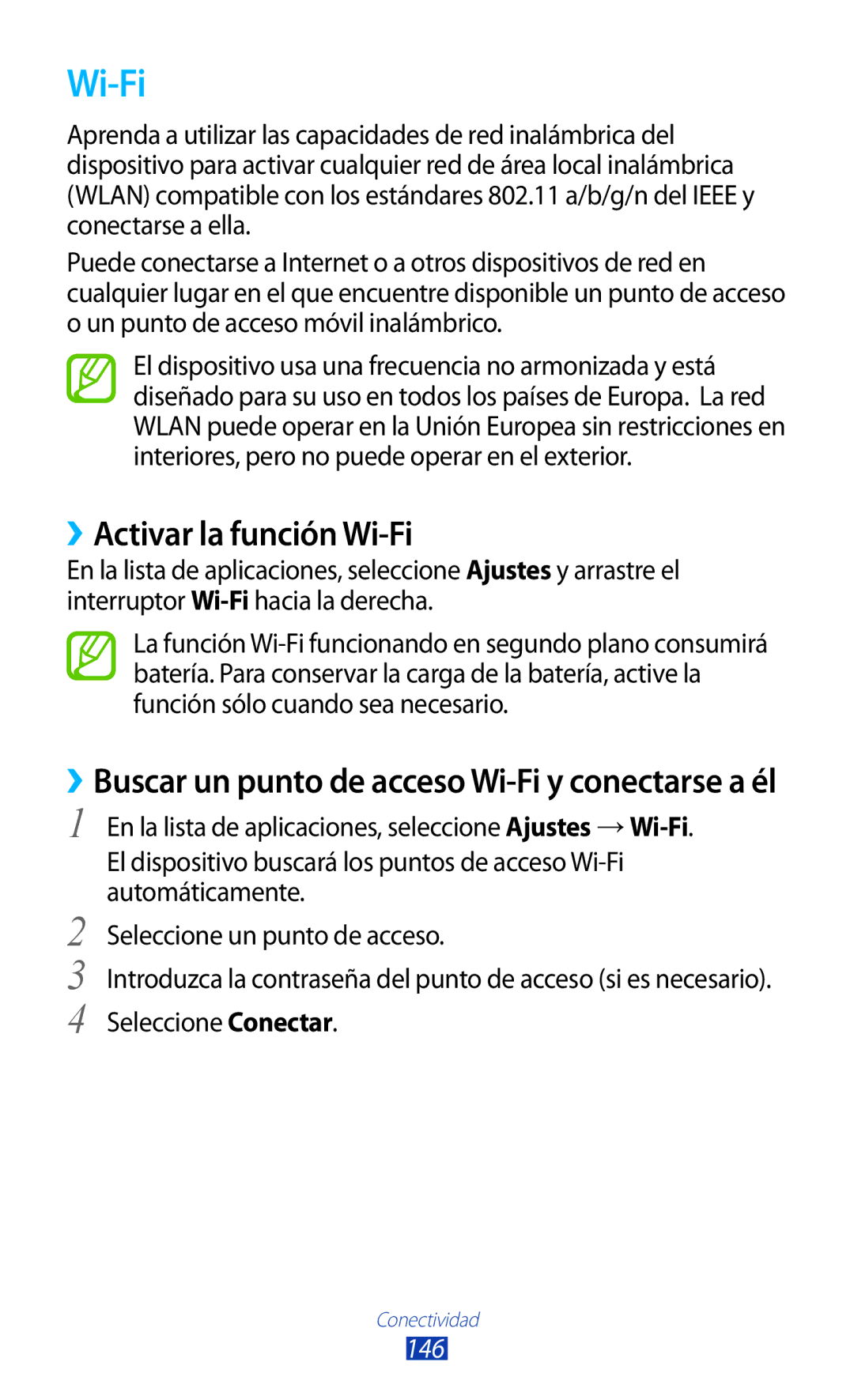 Samsung GT-N7000RWAXEC manual ››Activar la función Wi-Fi, ››Buscar un punto de acceso Wi-Fi y conectarse a él, 146 