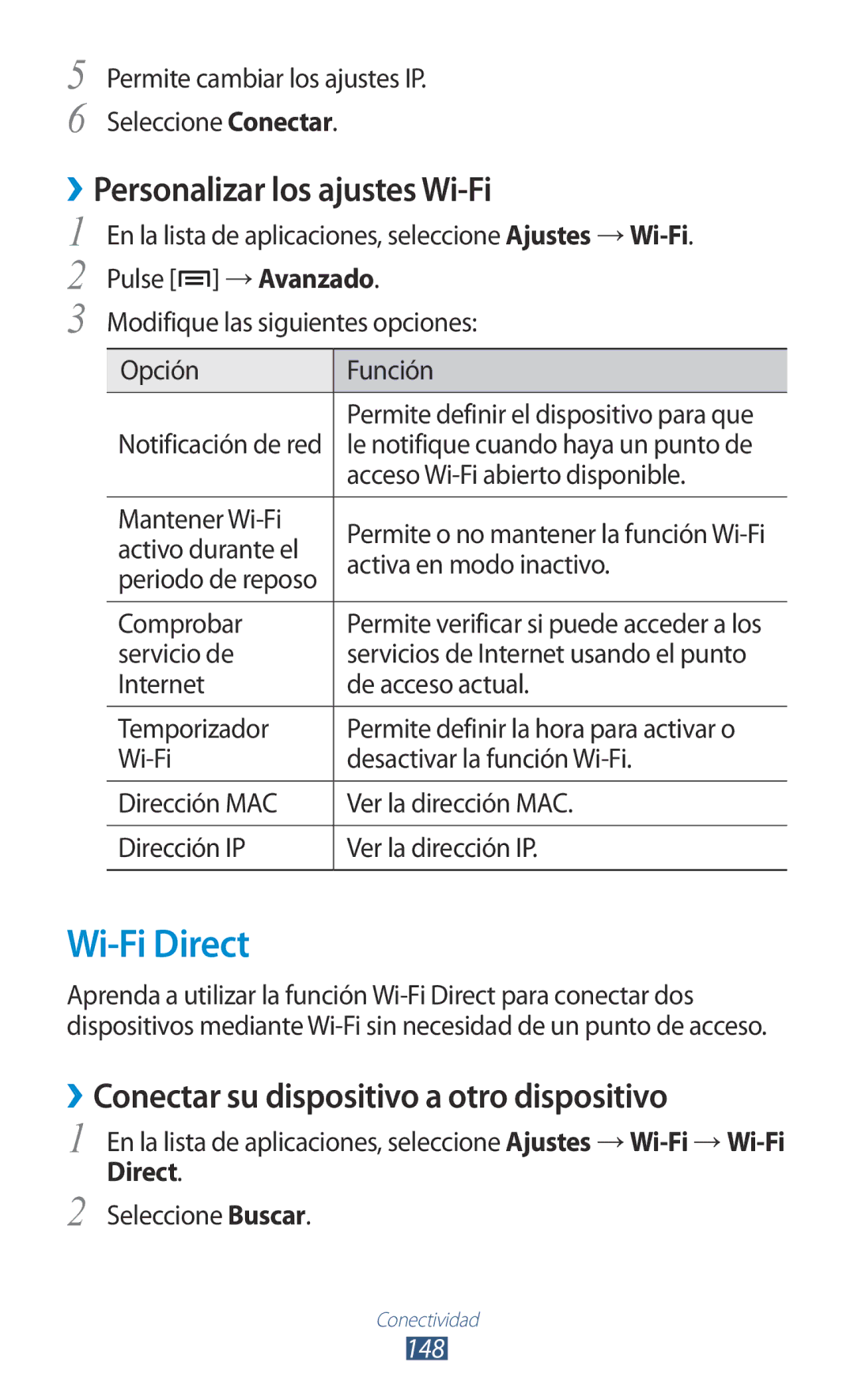 Samsung GT-N7000ZBAATL Wi-Fi Direct, ››Personalizar los ajustes Wi-Fi, ››Conectar su dispositivo a otro dispositivo, 148 