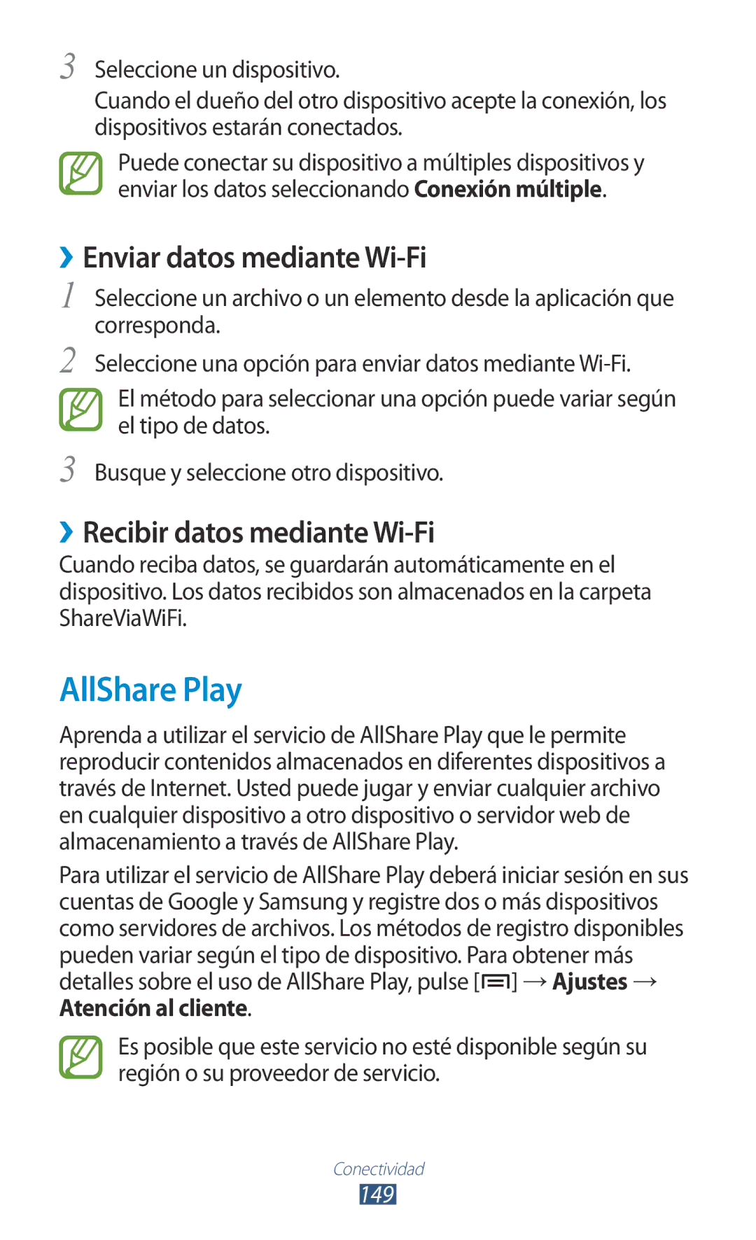 Samsung GT-N7000RWAYOG, GT-N7000RWATMN AllShare Play, ››Enviar datos mediante Wi-Fi, ››Recibir datos mediante Wi-Fi, 149 