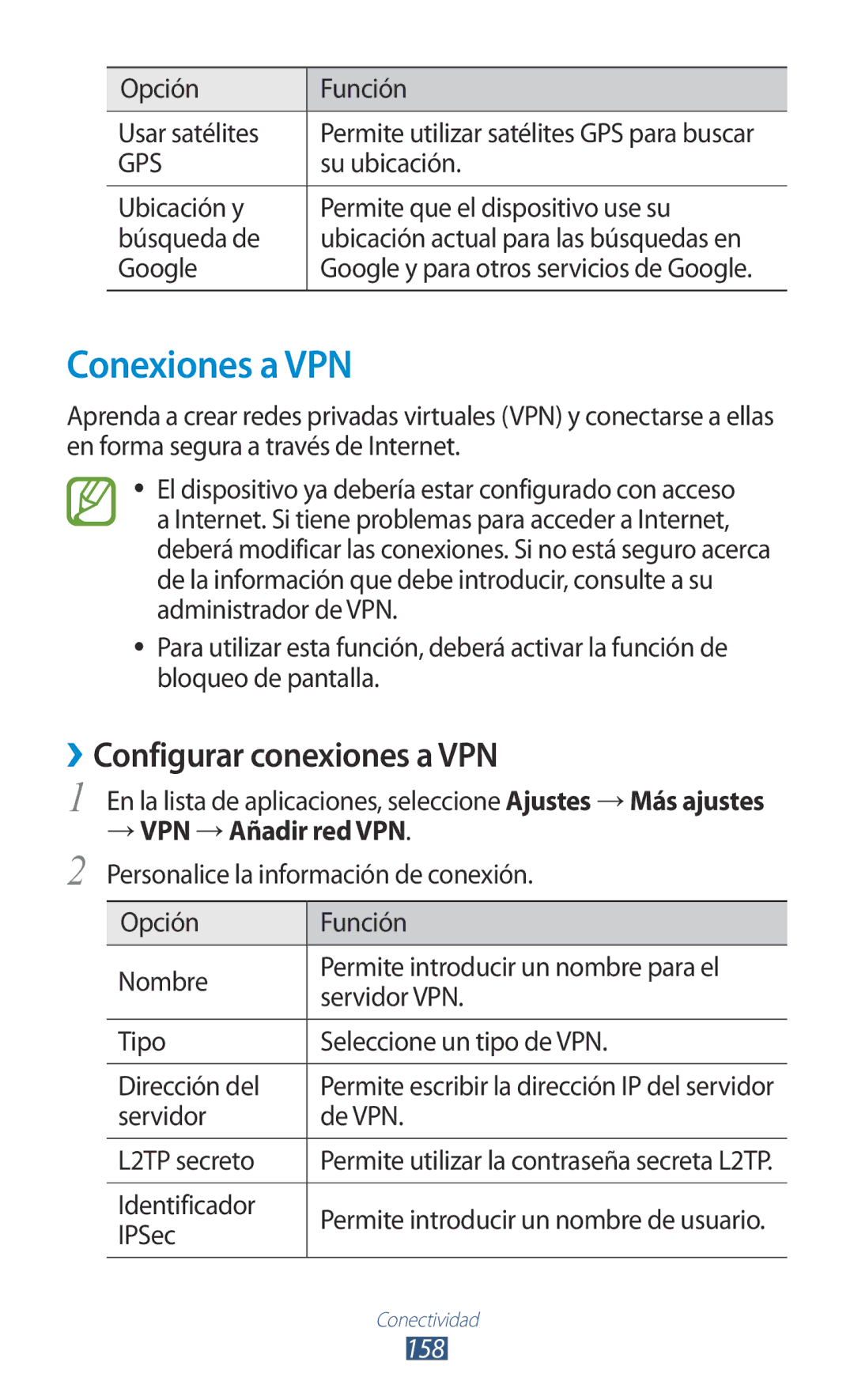 Samsung GT-N7000RWAFOP, GT-N7000RWATMN manual Conexiones a VPN, ››Configurar conexiones a VPN, → VPN →Añadir red VPN, 158 