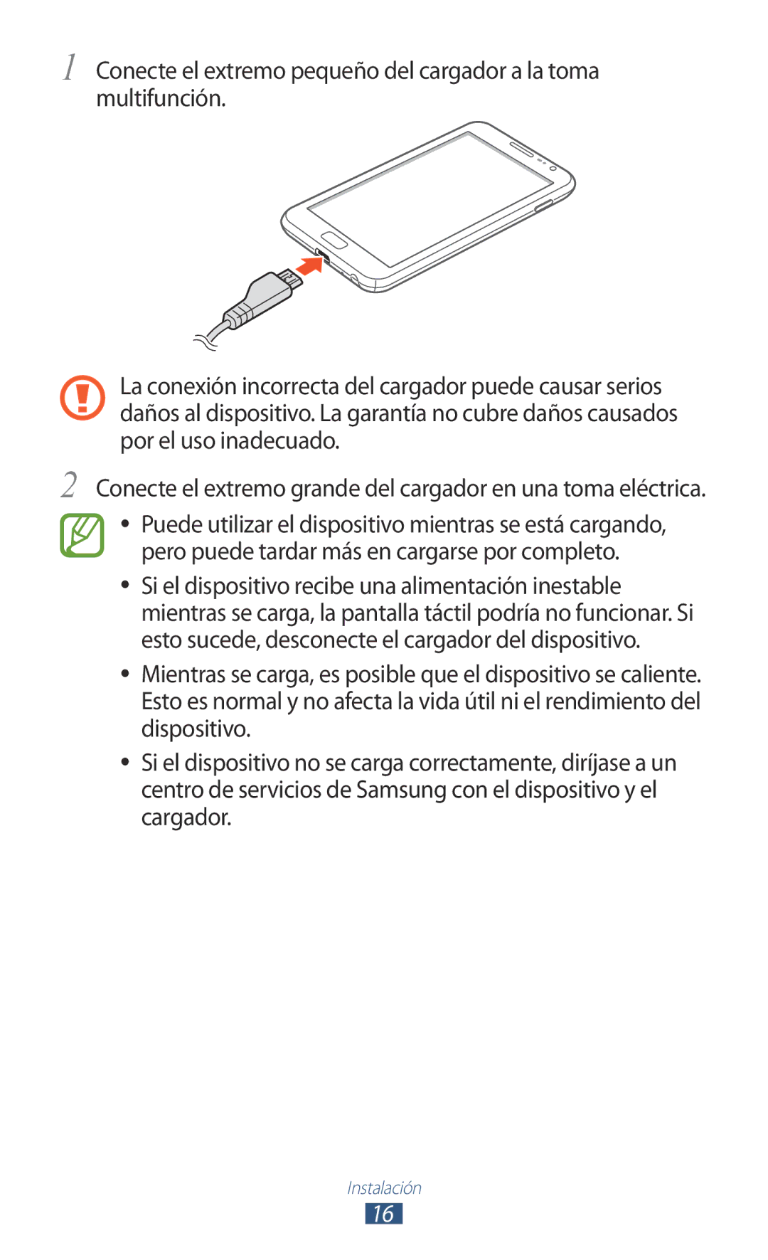 Samsung GT-N7000RWEXEC, GT-N7000RWATMN, GT-N7000ZBEPHE manual Conecte el extremo grande del cargador en una toma eléctrica 